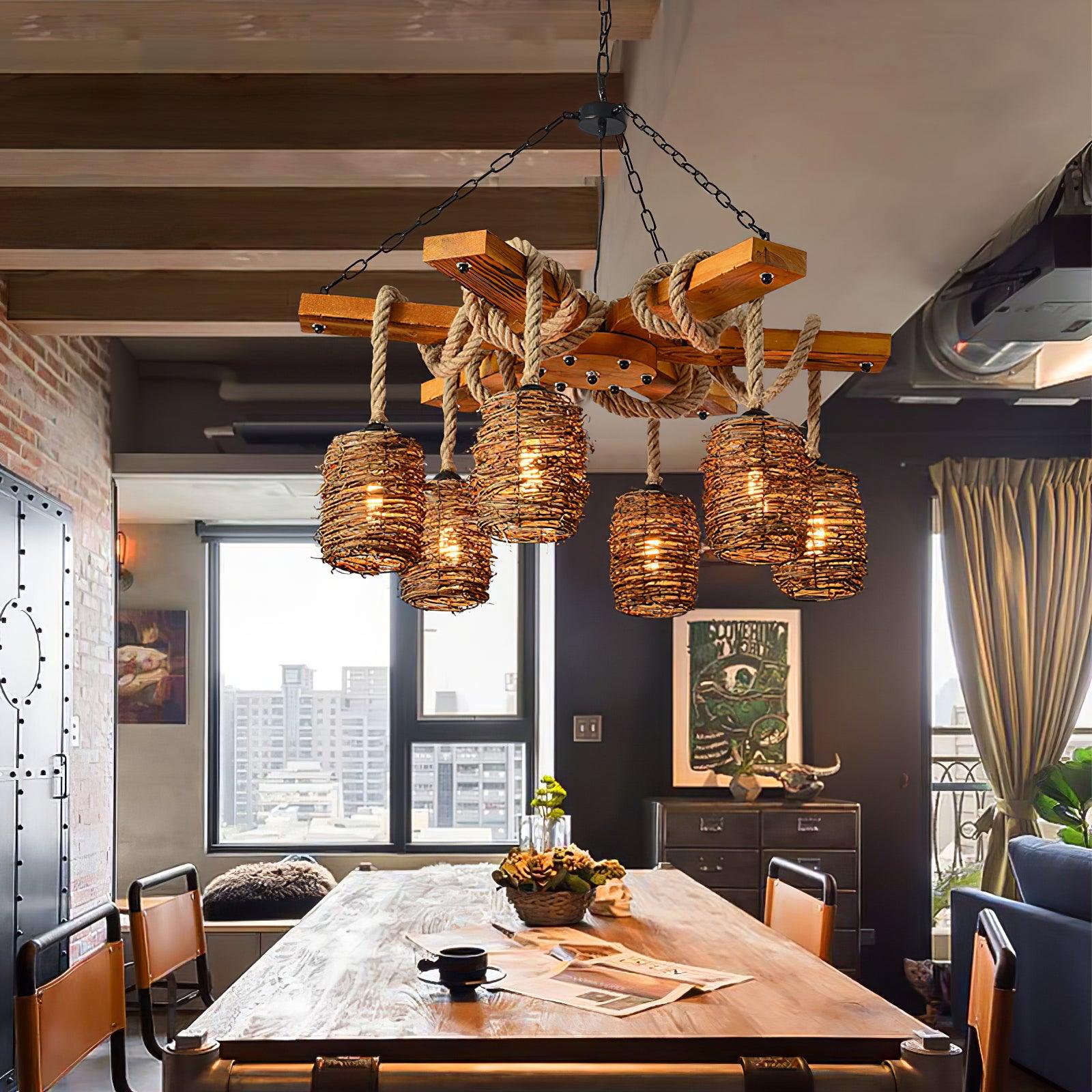 Lustra Chandelier Vintage Farmhouse Rattan Wooden-Neutral Decor
