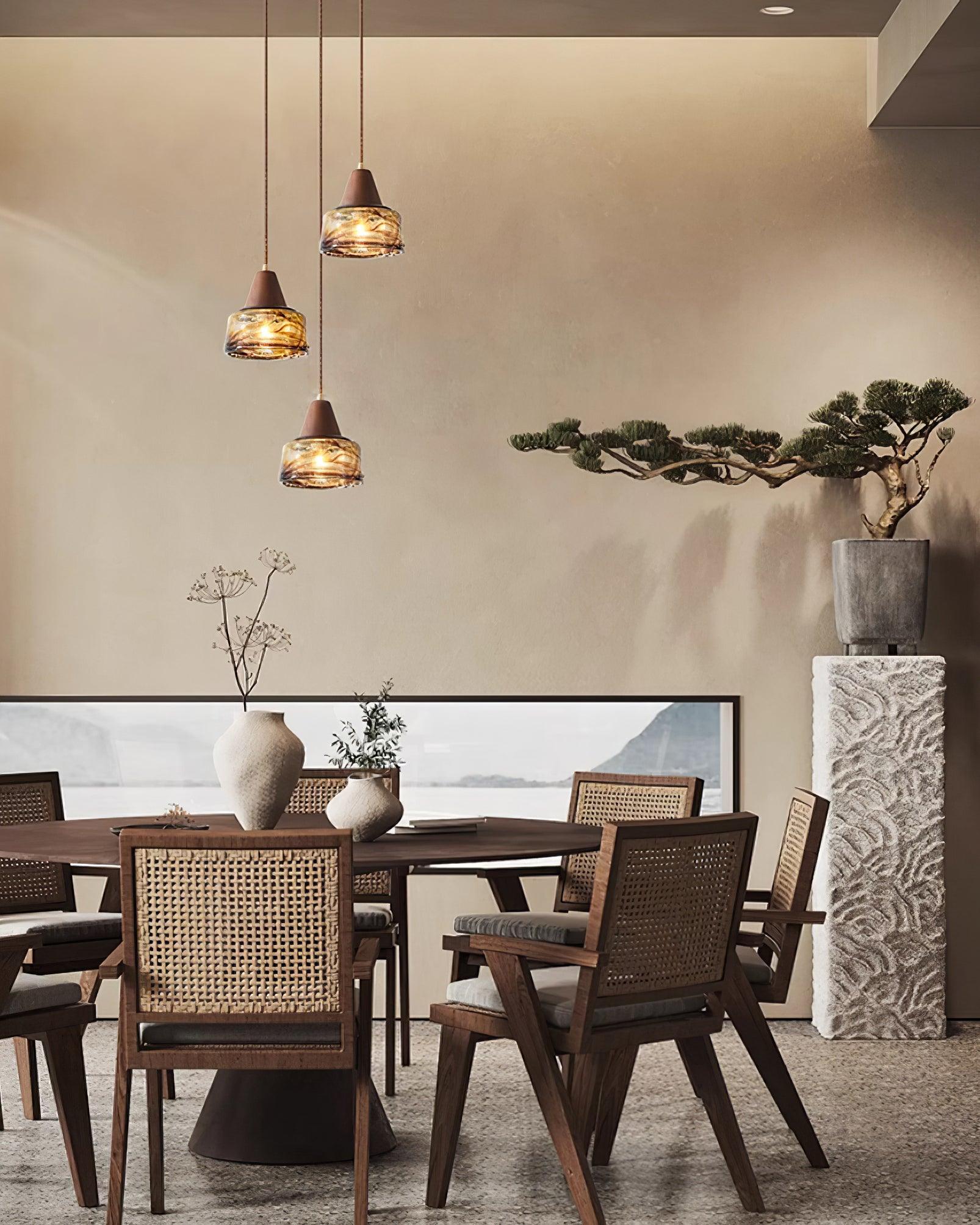 Pendant Lamp Amber Glass Shade Wood Top Vintage Artistic
