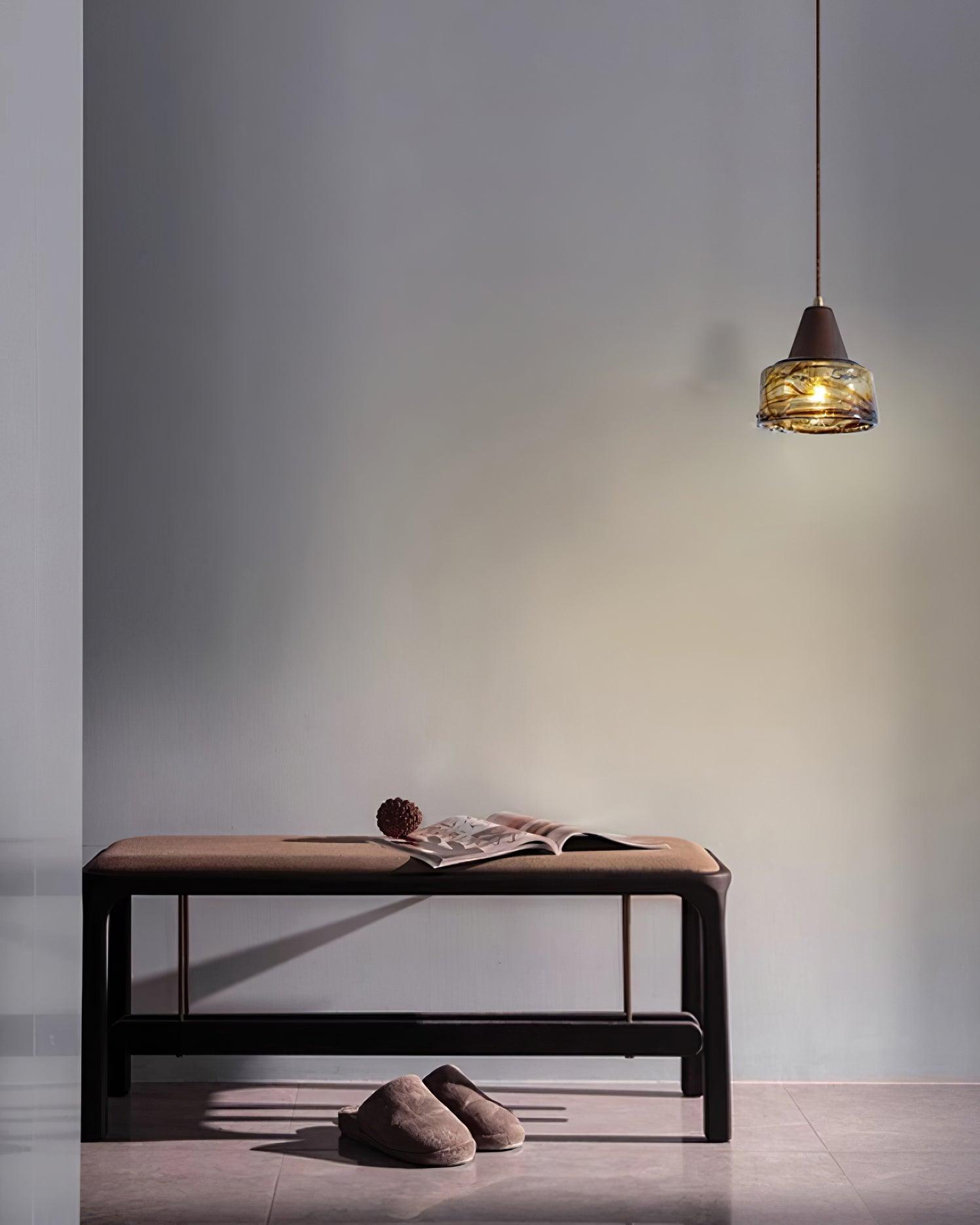 Pendant Lamp Amber Glass Shade Wood Top Vintage Artistic