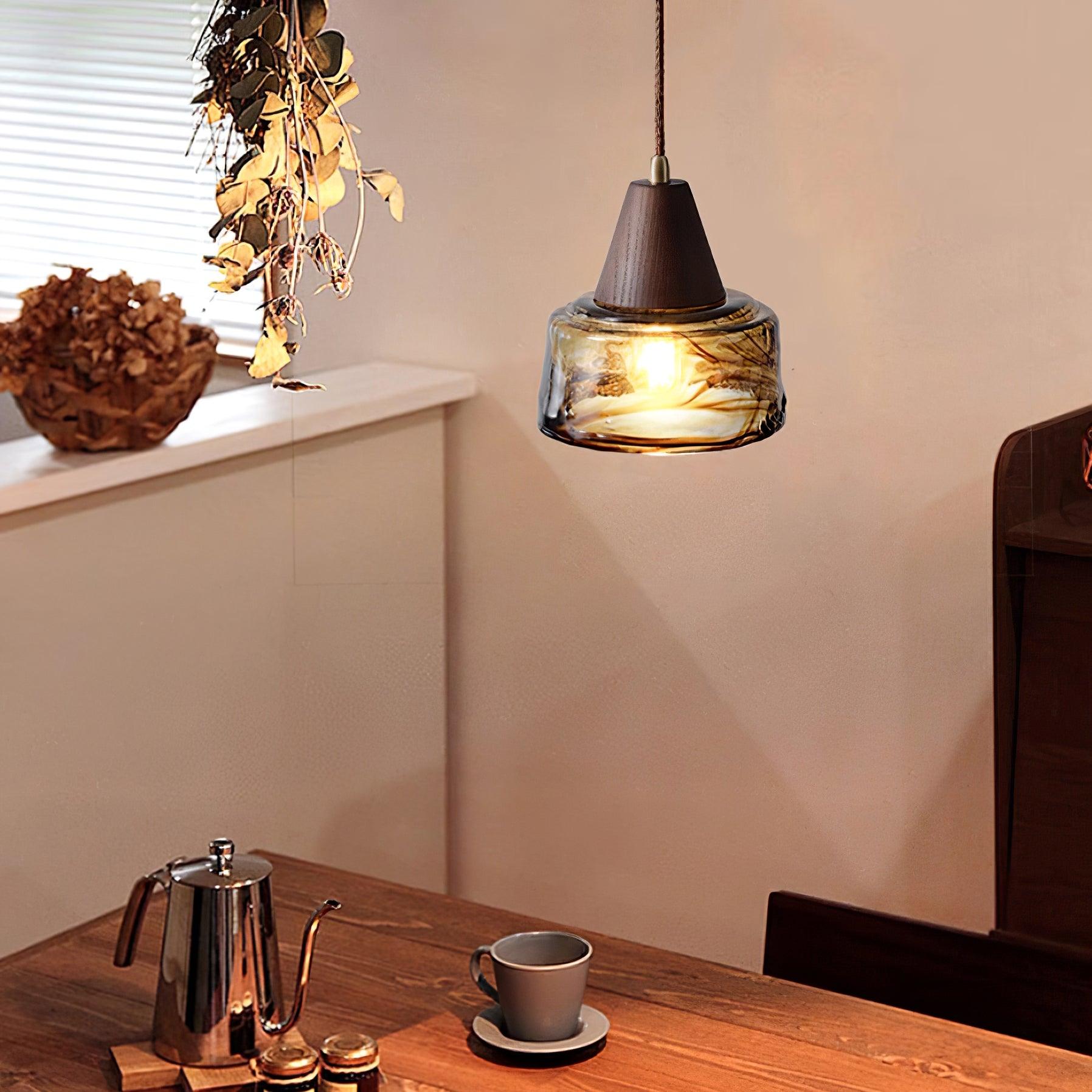 Pendant Lamp Amber Glass Shade Wood Top Vintage Artistic