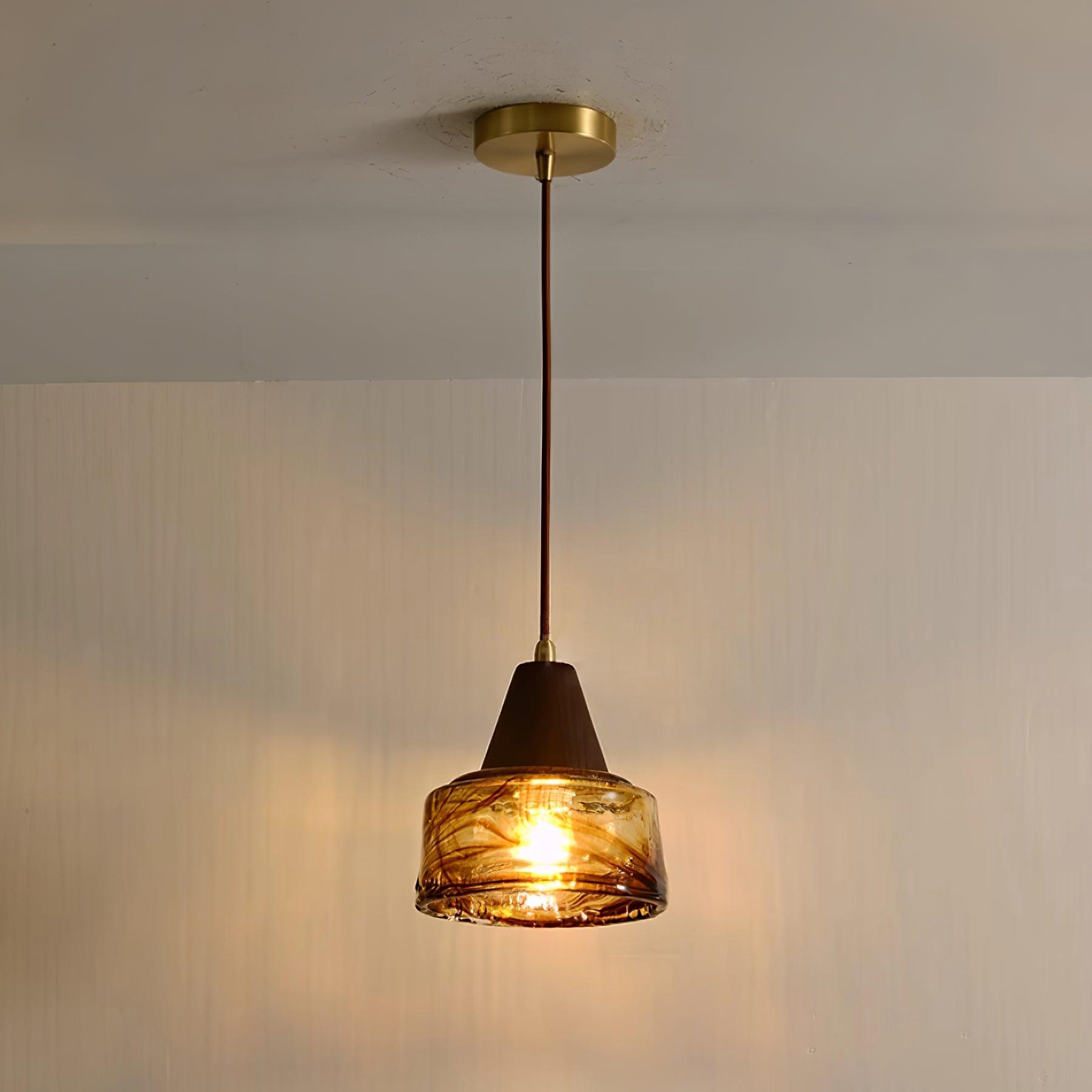 Pendant Lamp Amber Glass Shade Wood Top Vintage Artistic