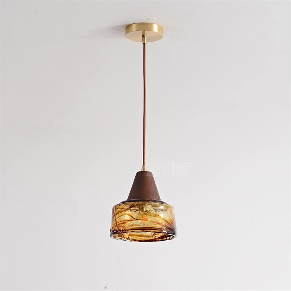 Pendant Lamp Amber Glass Shade Wood Top Vintage Artistic