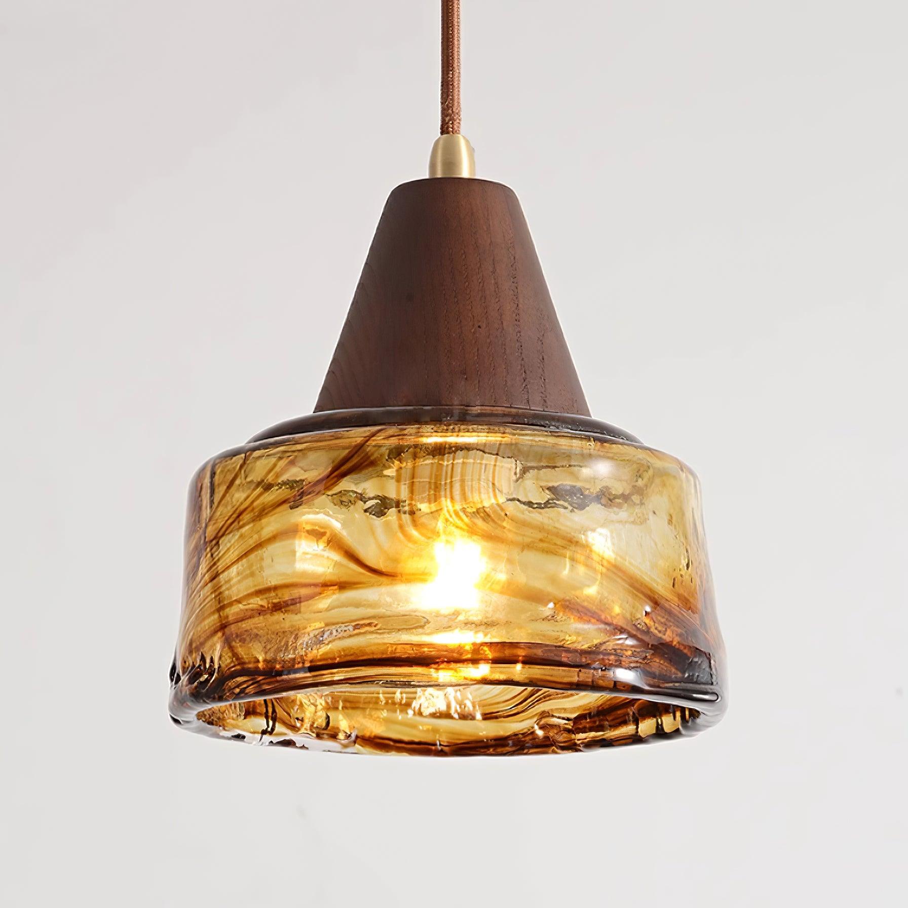 Pendant Lamp Amber Glass Shade Wood Top Vintage Artistic