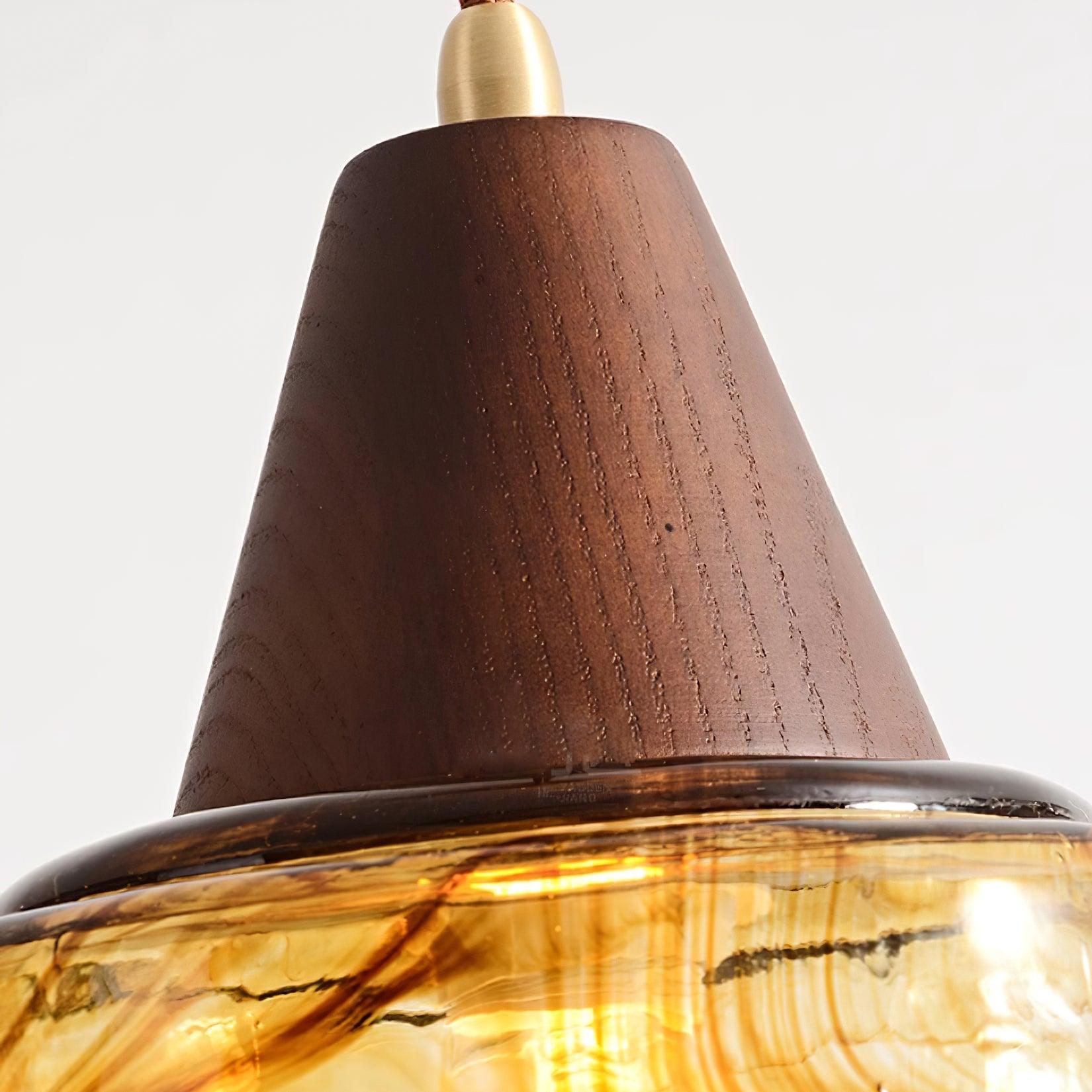 Pendant Lamp Amber Glass Shade Wood Top Vintage Artistic