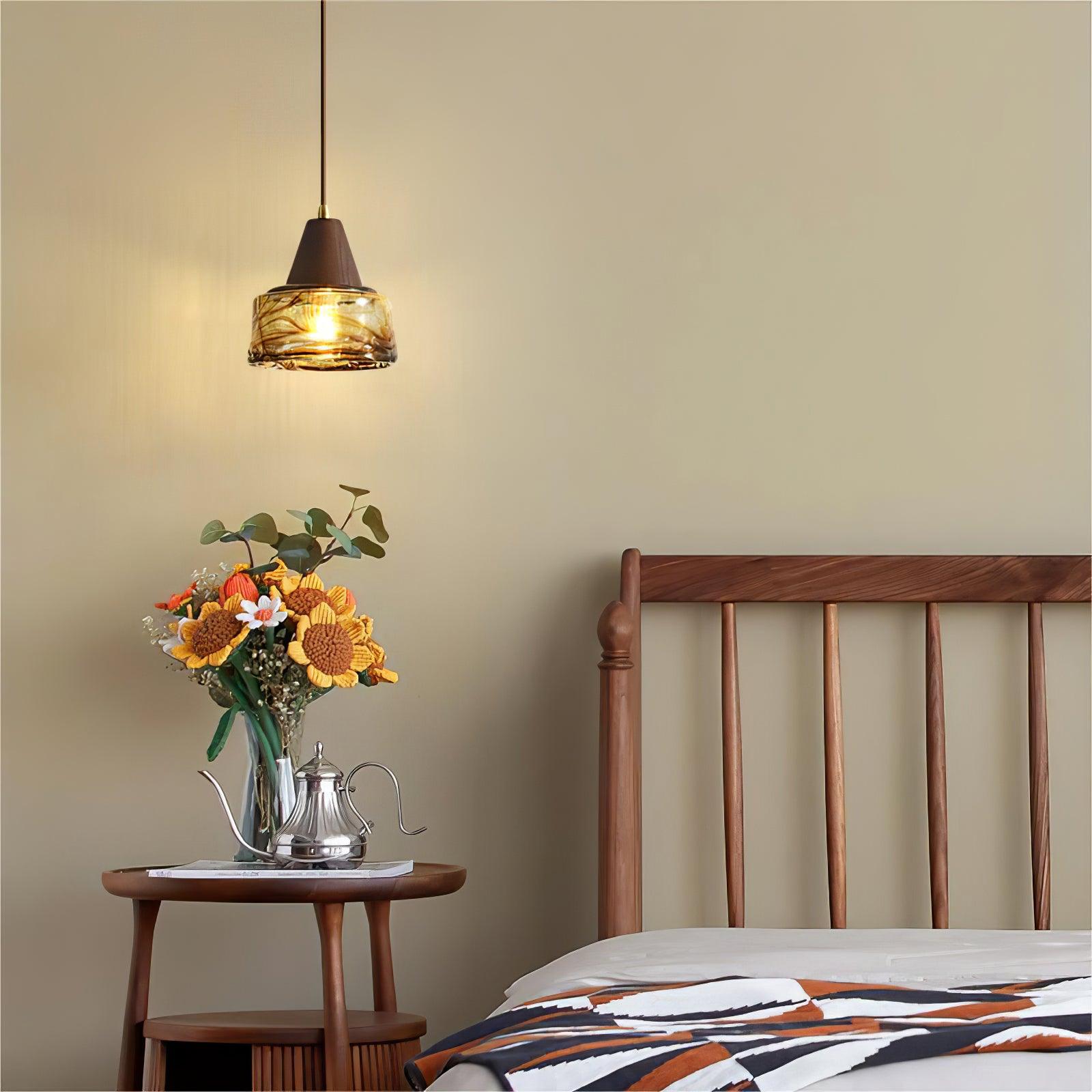 Pendant Lamp Amber Glass Shade Wood Top Vintage Artistic