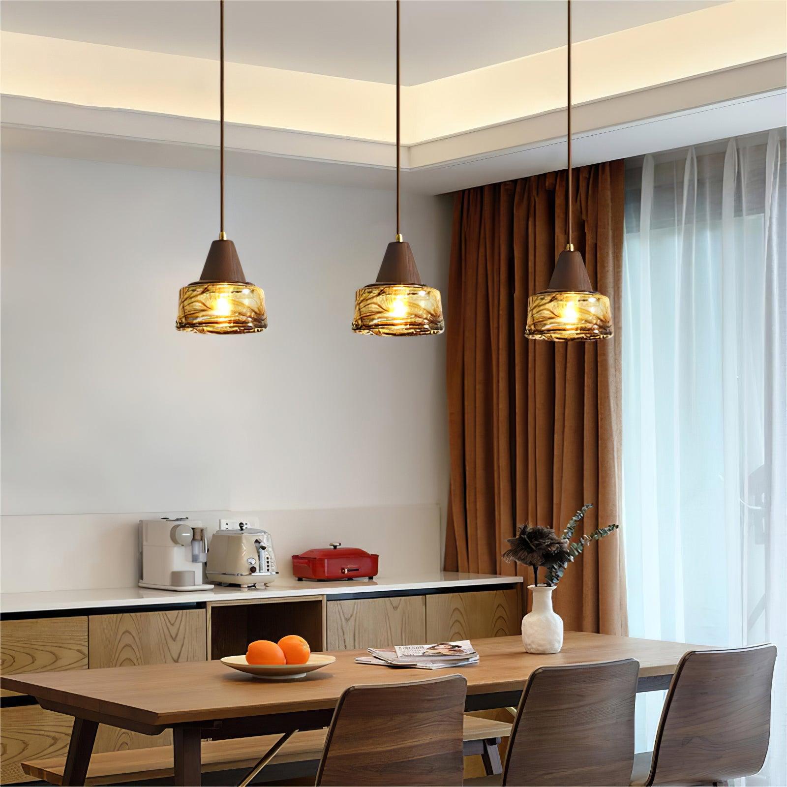 Pendant Lamp Amber Glass Shade Wood Top Vintage Artistic