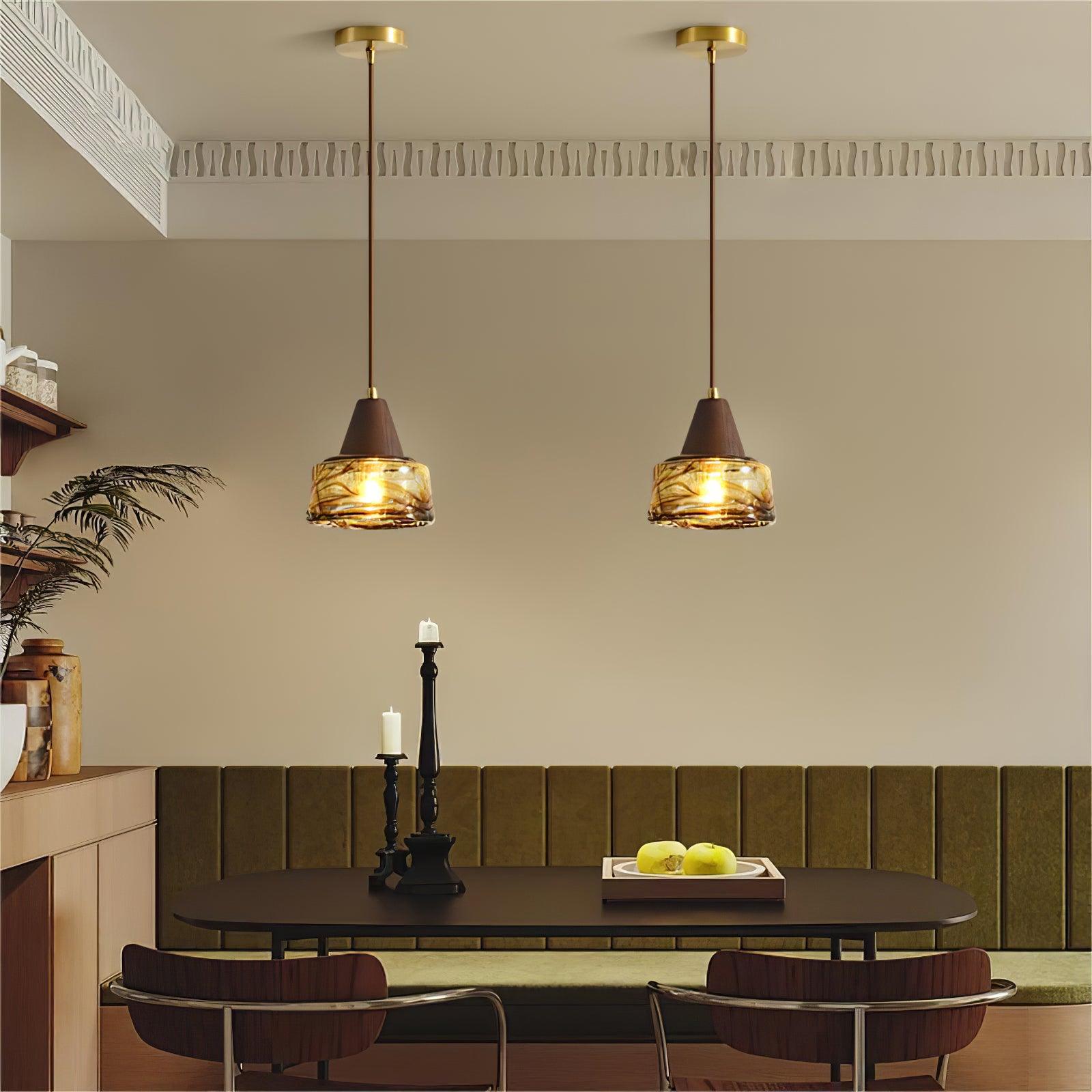 Pendant Lamp Amber Glass Shade Wood Top Vintage Artistic