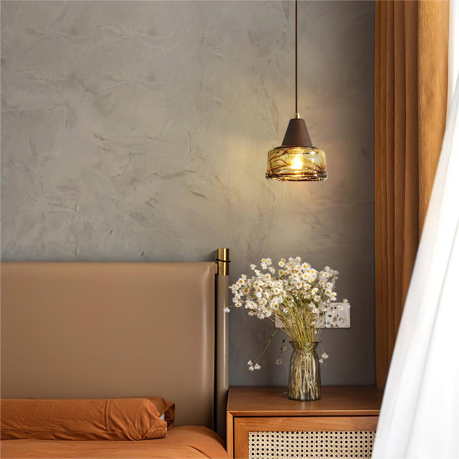 Pendant Lamp Amber Glass Shade Wood Top Vintage Artistic