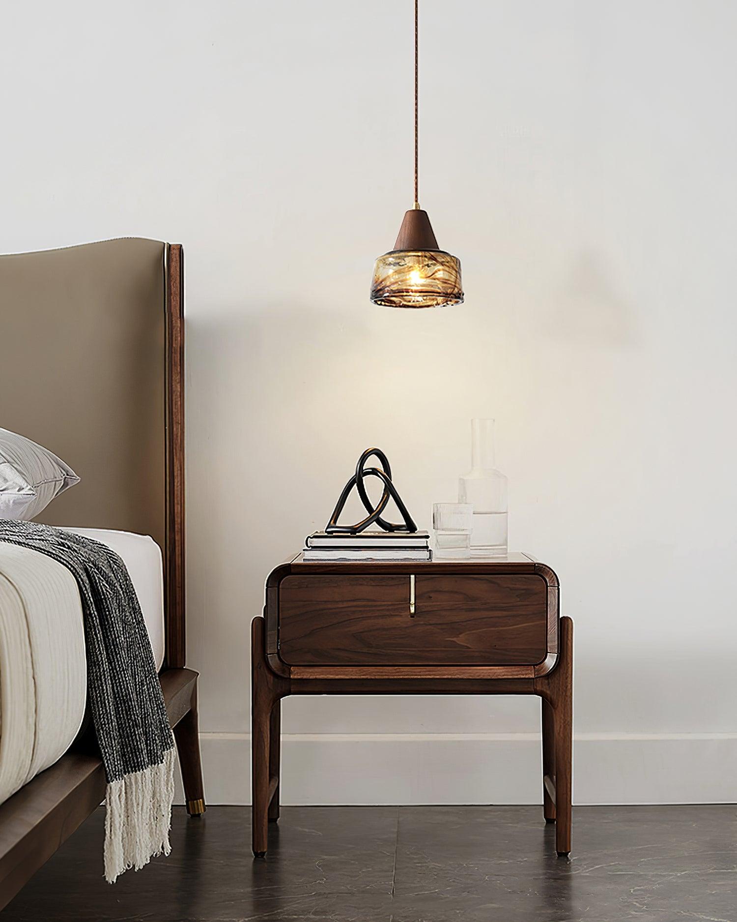 Pendant Lamp Amber Glass Shade Wood Top Vintage Artistic