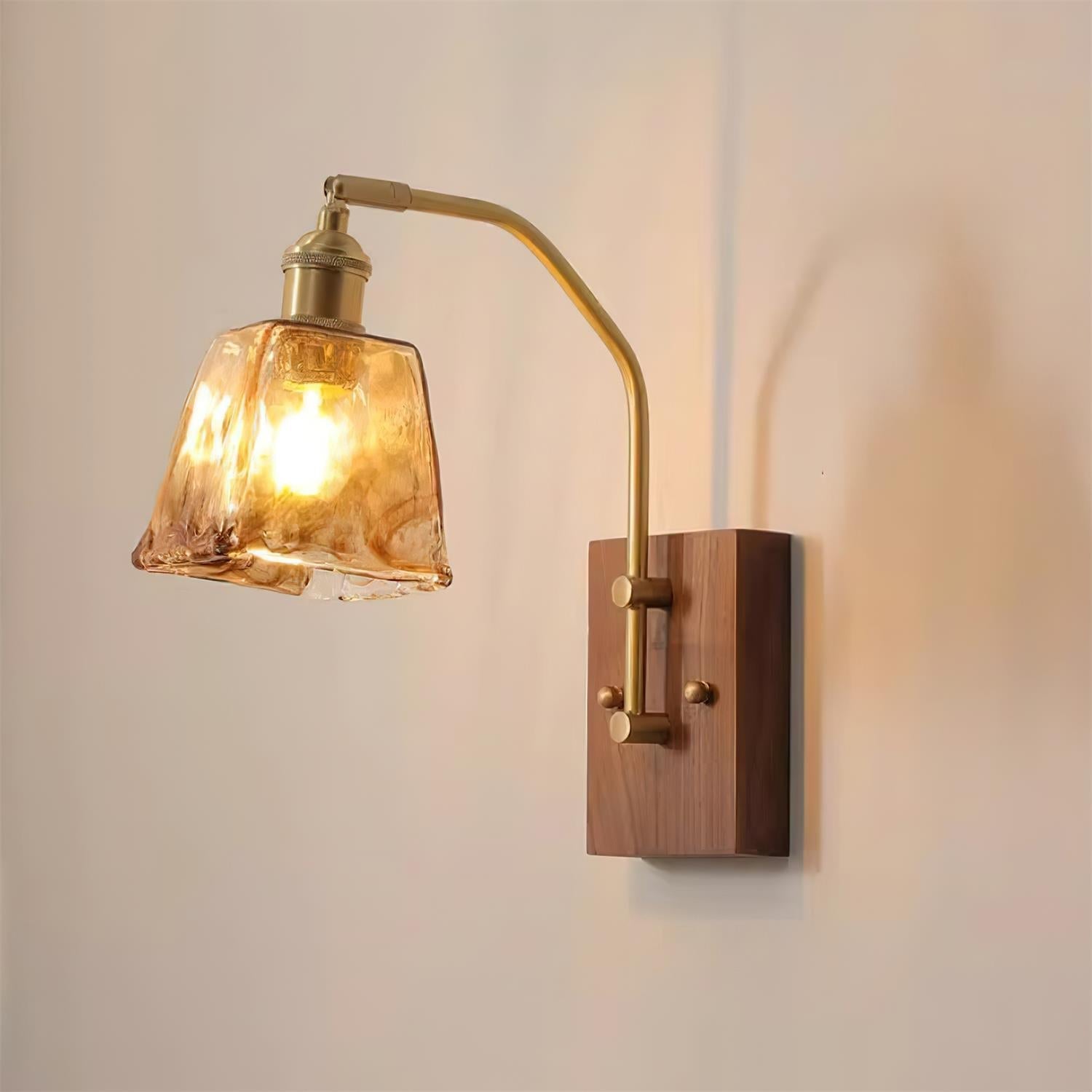 Wall Lamp Brass and Glass with Wood Backplate Vintage Artisan