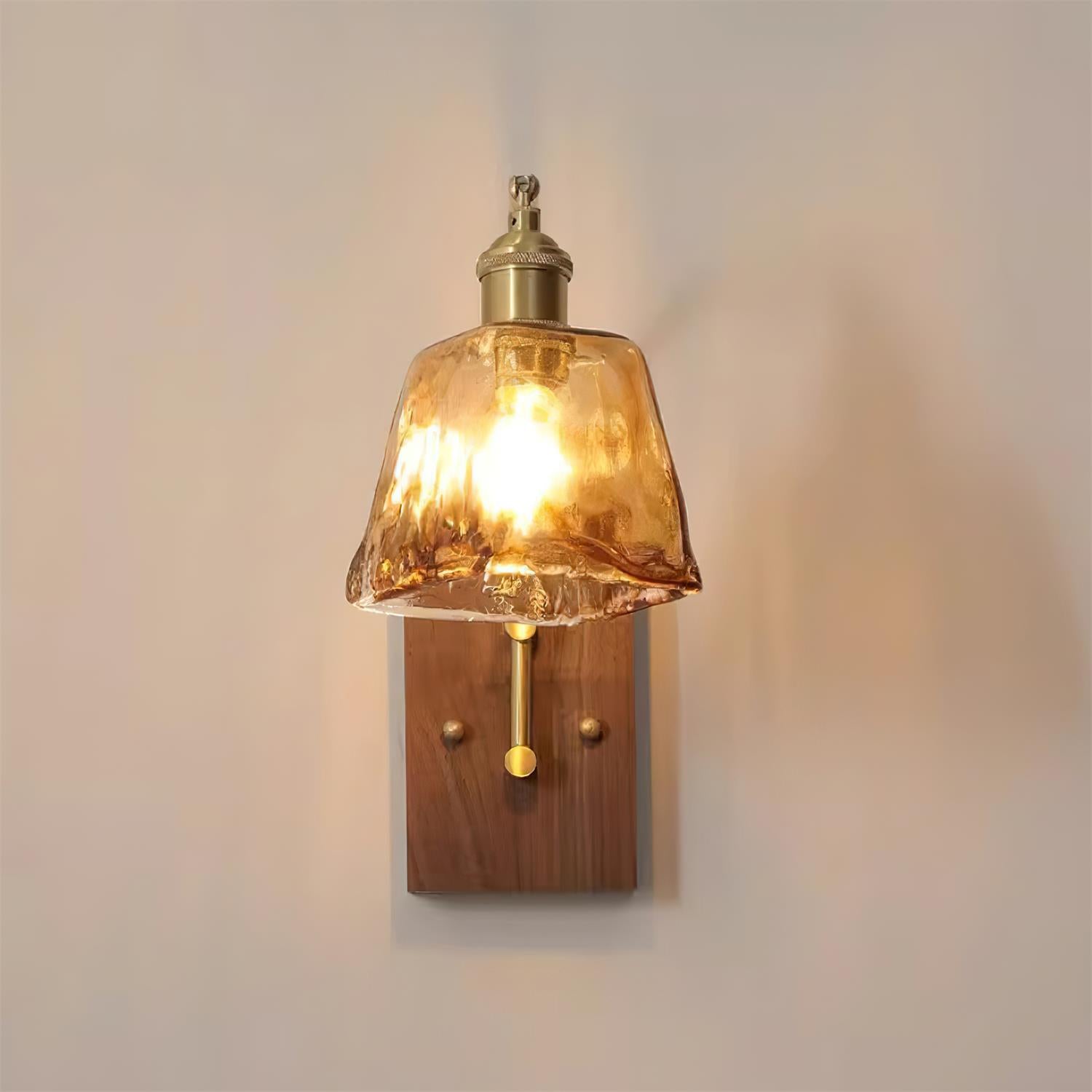 Wall Lamp Brass and Glass with Wood Backplate Vintage Artisan