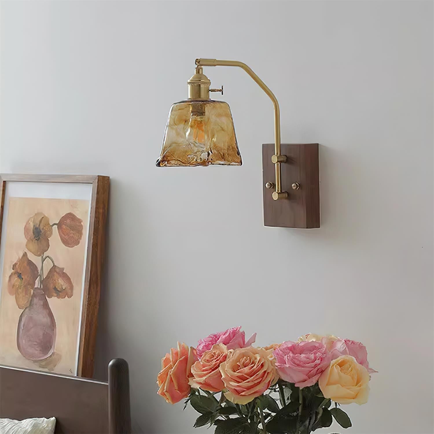 Wall Lamp Brass and Glass with Wood Backplate Vintage Artisan