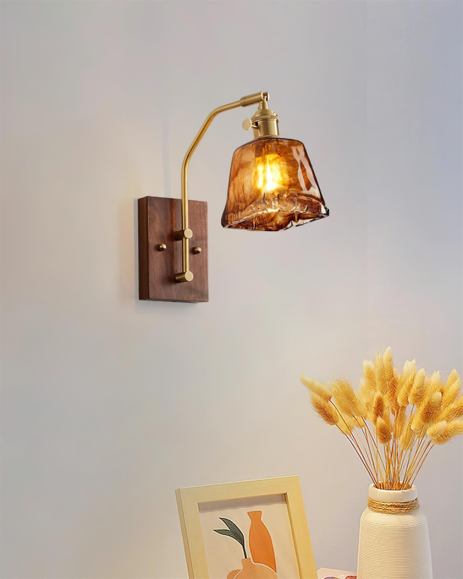 Wall Lamp Brass and Glass with Wood Backplate Vintage Artisan