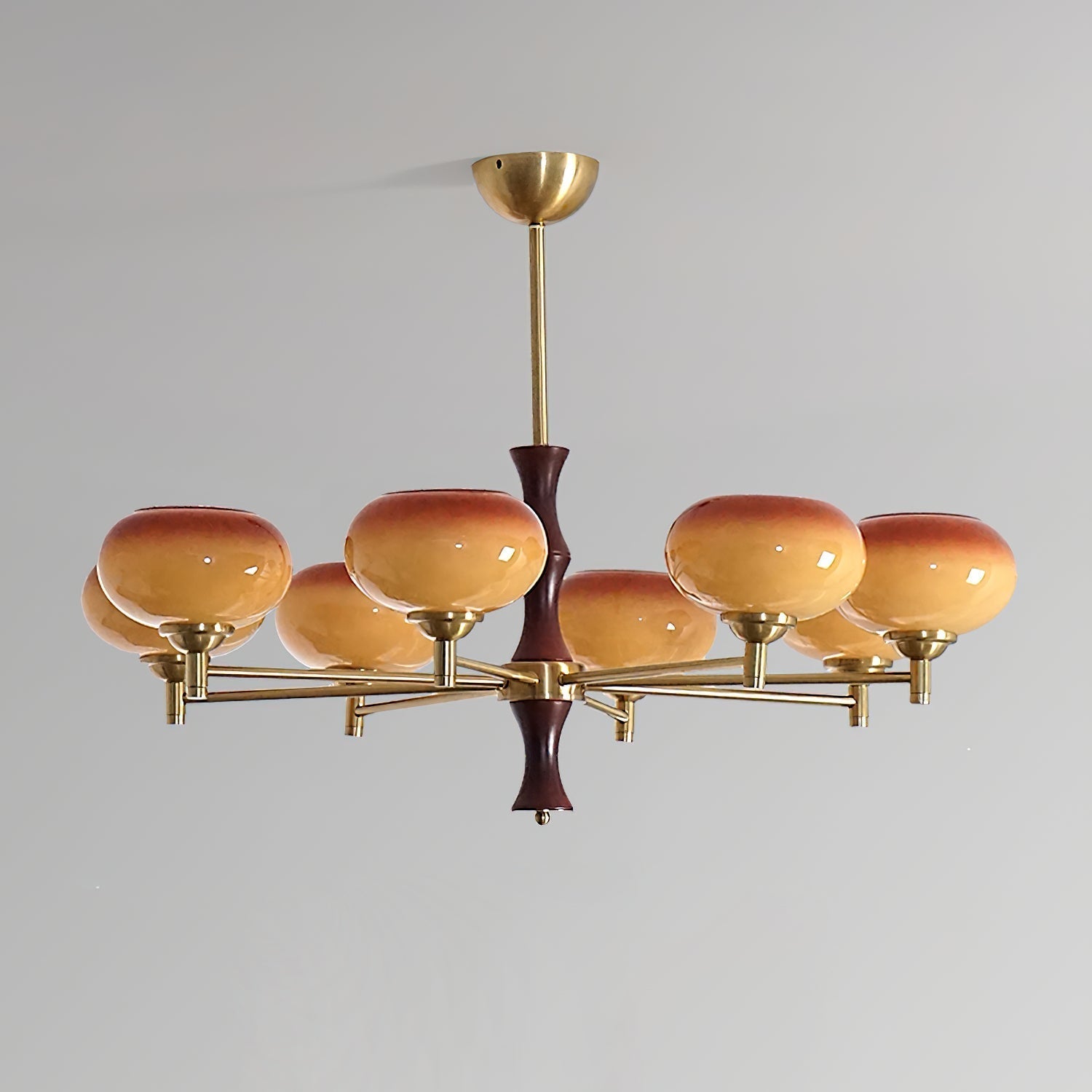 Chandelier Caramel Glass Globes Walnut Wood Arms Vintage