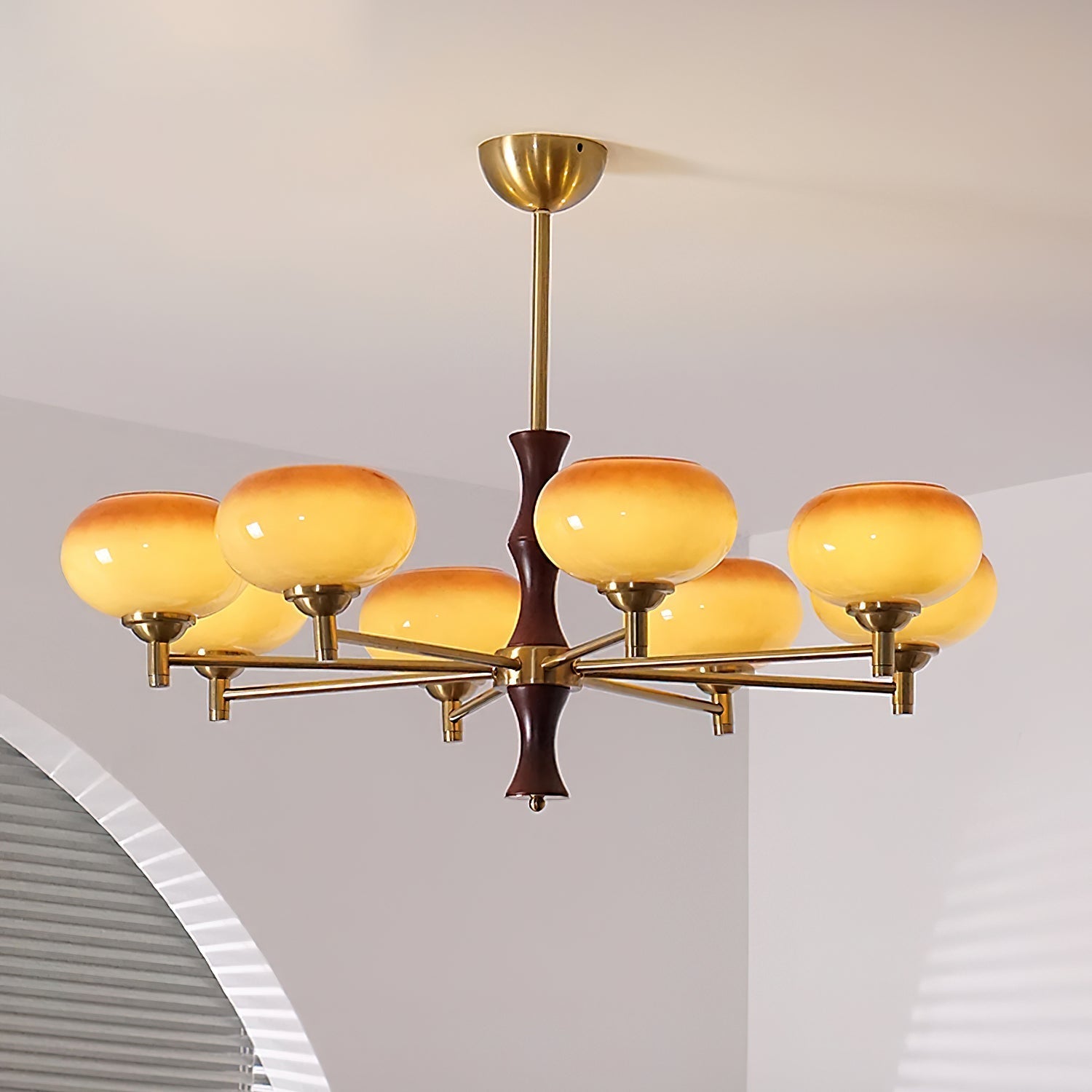 Chandelier Caramel Glass Globes Walnut Wood Arms Vintage
