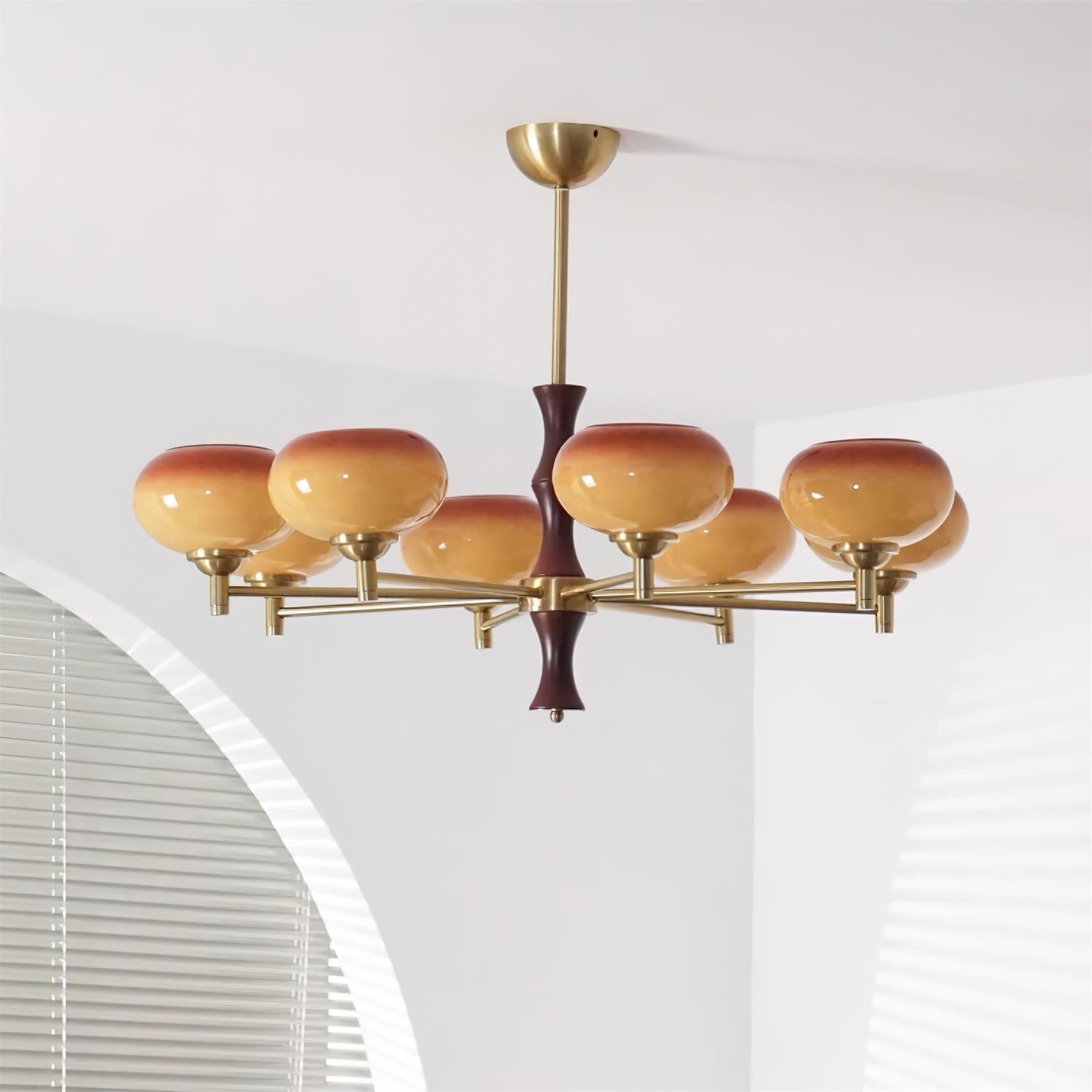 Chandelier Caramel Glass Globes Walnut Wood Arms Vintage