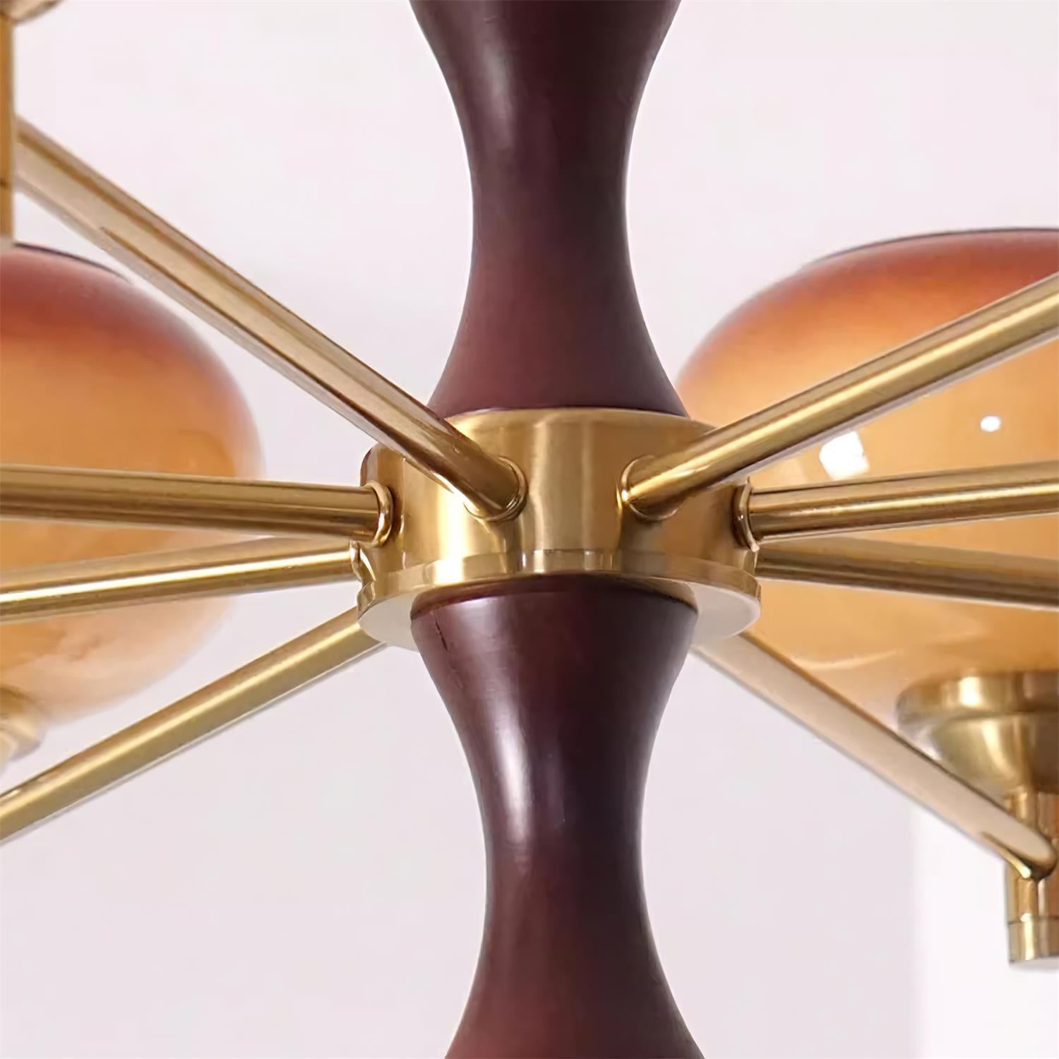 Chandelier Caramel Glass Globes Walnut Wood Arms Vintage