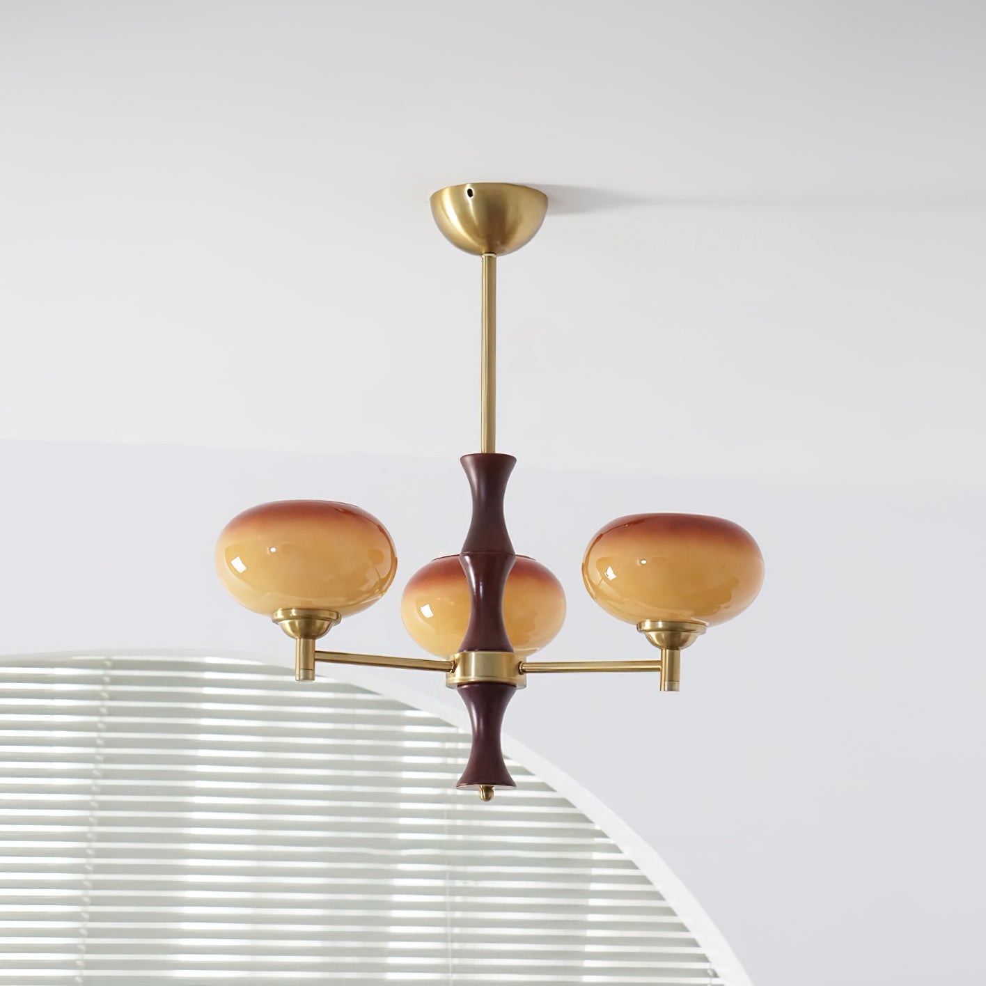 Chandelier Caramel Glass Globes Walnut Wood Arms Vintage