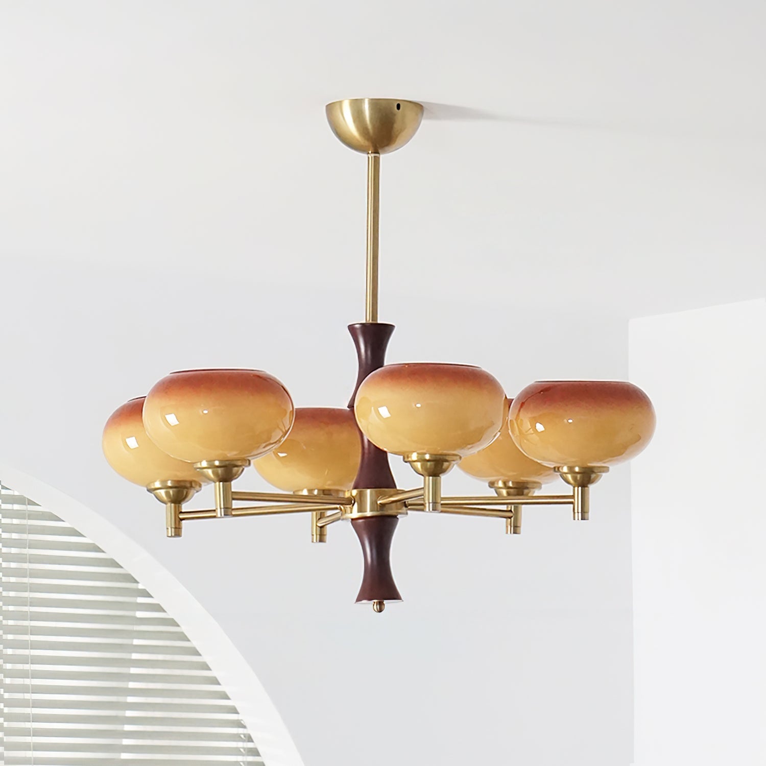 Chandelier Caramel Glass Globes Walnut Wood Arms Vintage