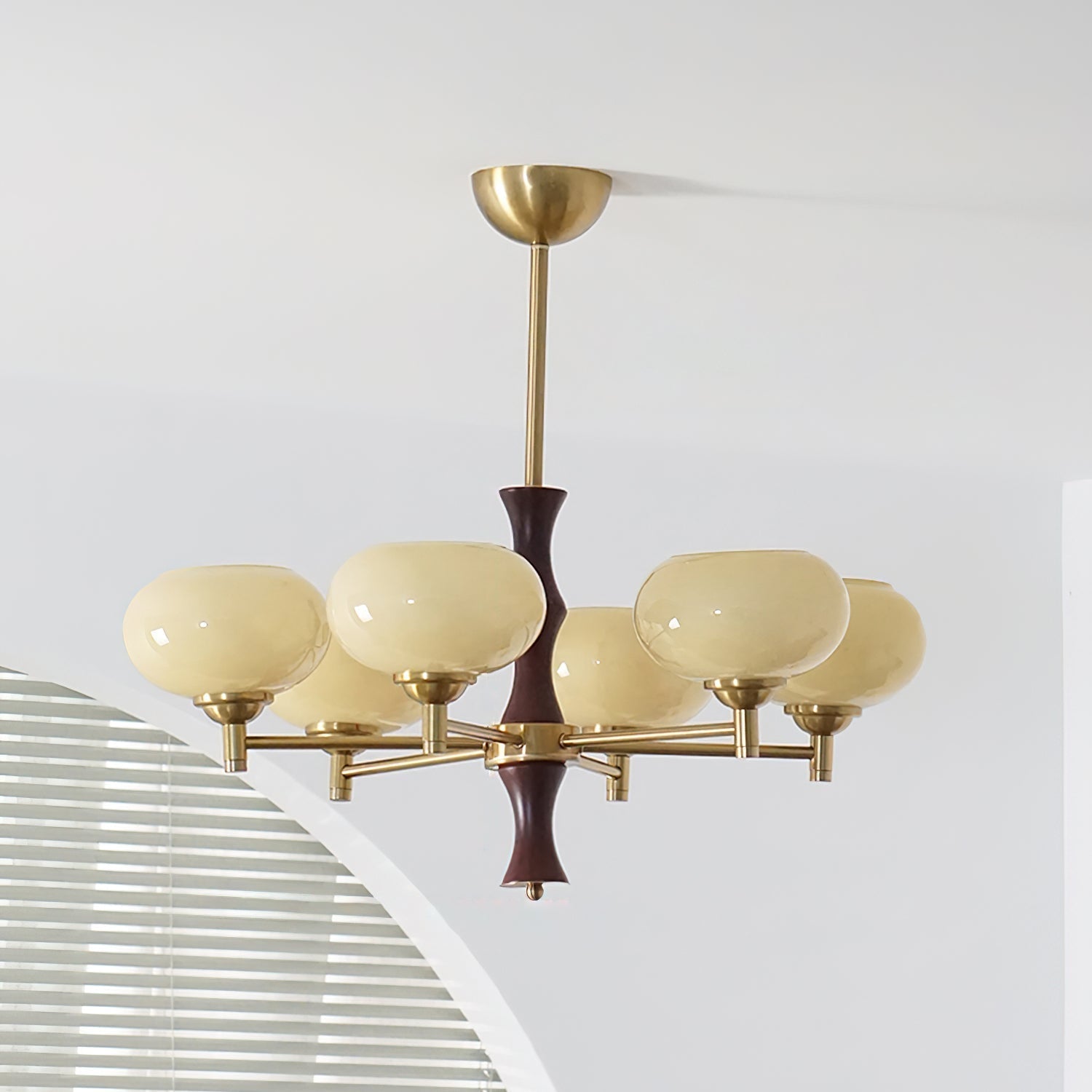 Chandelier Caramel Glass Globes Walnut Wood Arms Vintage