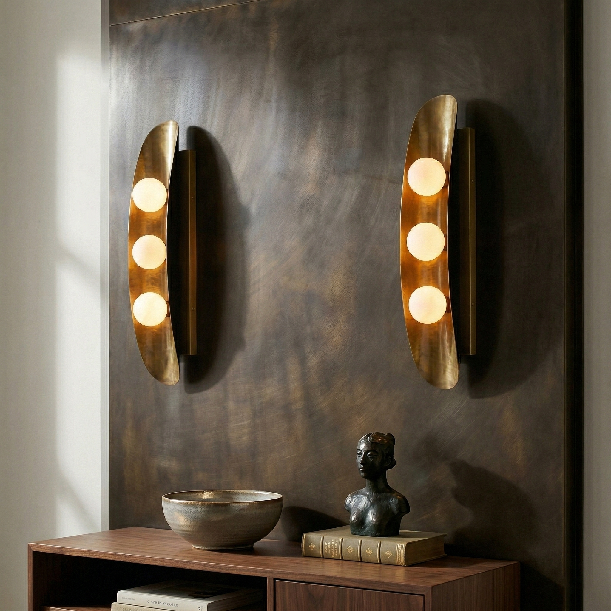 Hopper Wall Lamp shown against a dark wall.