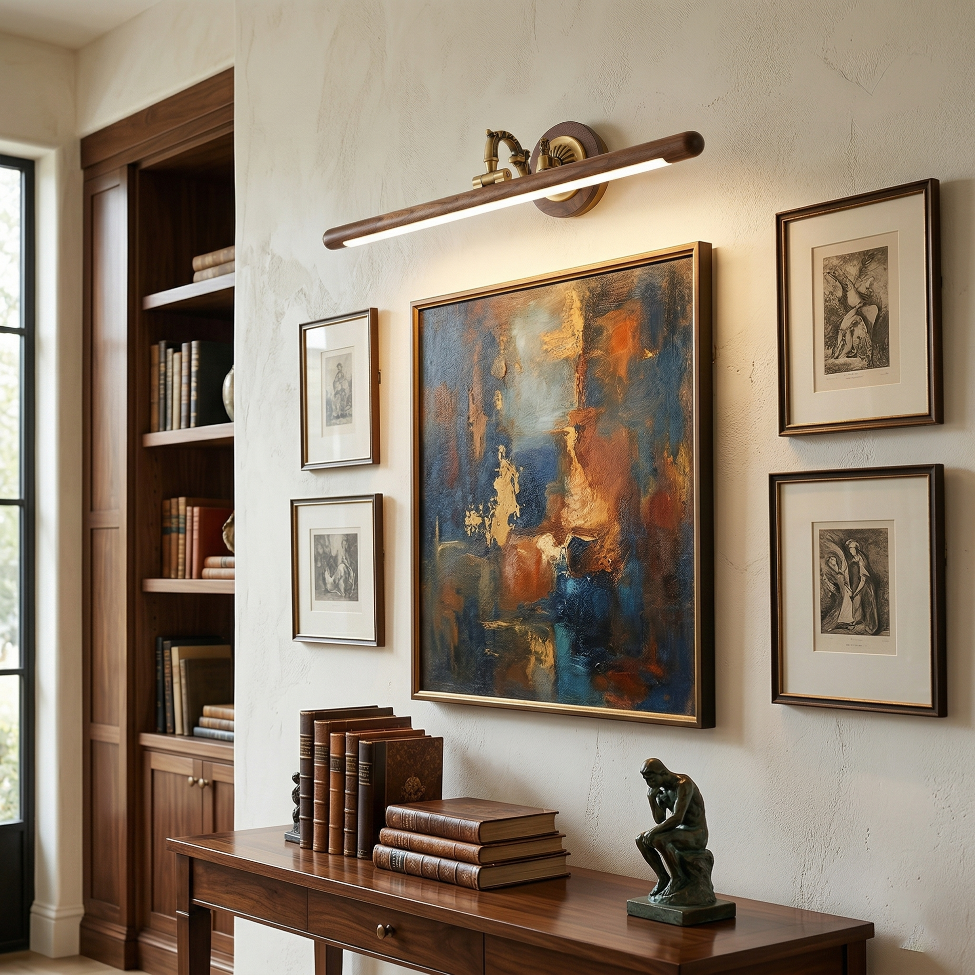 Front view of the minimalist picture light in a walnut finish.