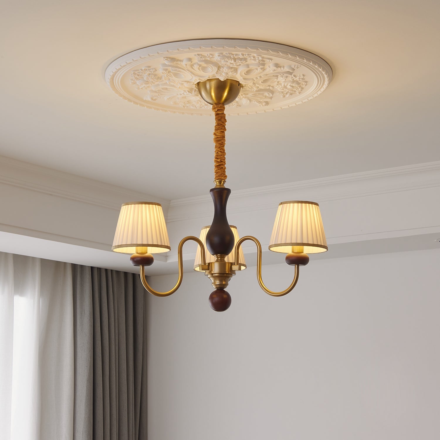 Erthaos Traditional Elegance Pleat Fabric Wood Chandelier-Neutral Decor