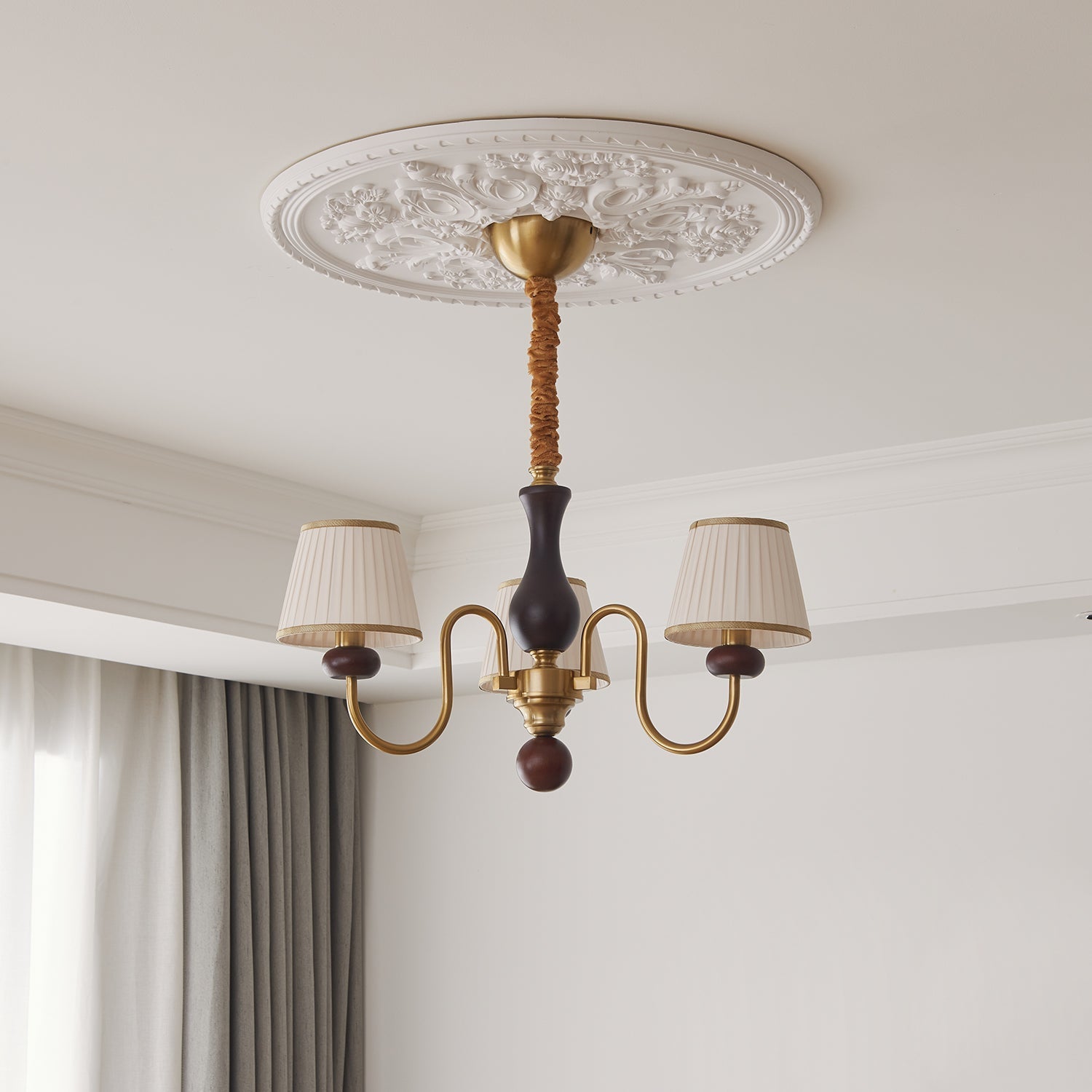 Erthaos Traditional Elegance Pleat Fabric Wood Chandelier-Neutral Decor