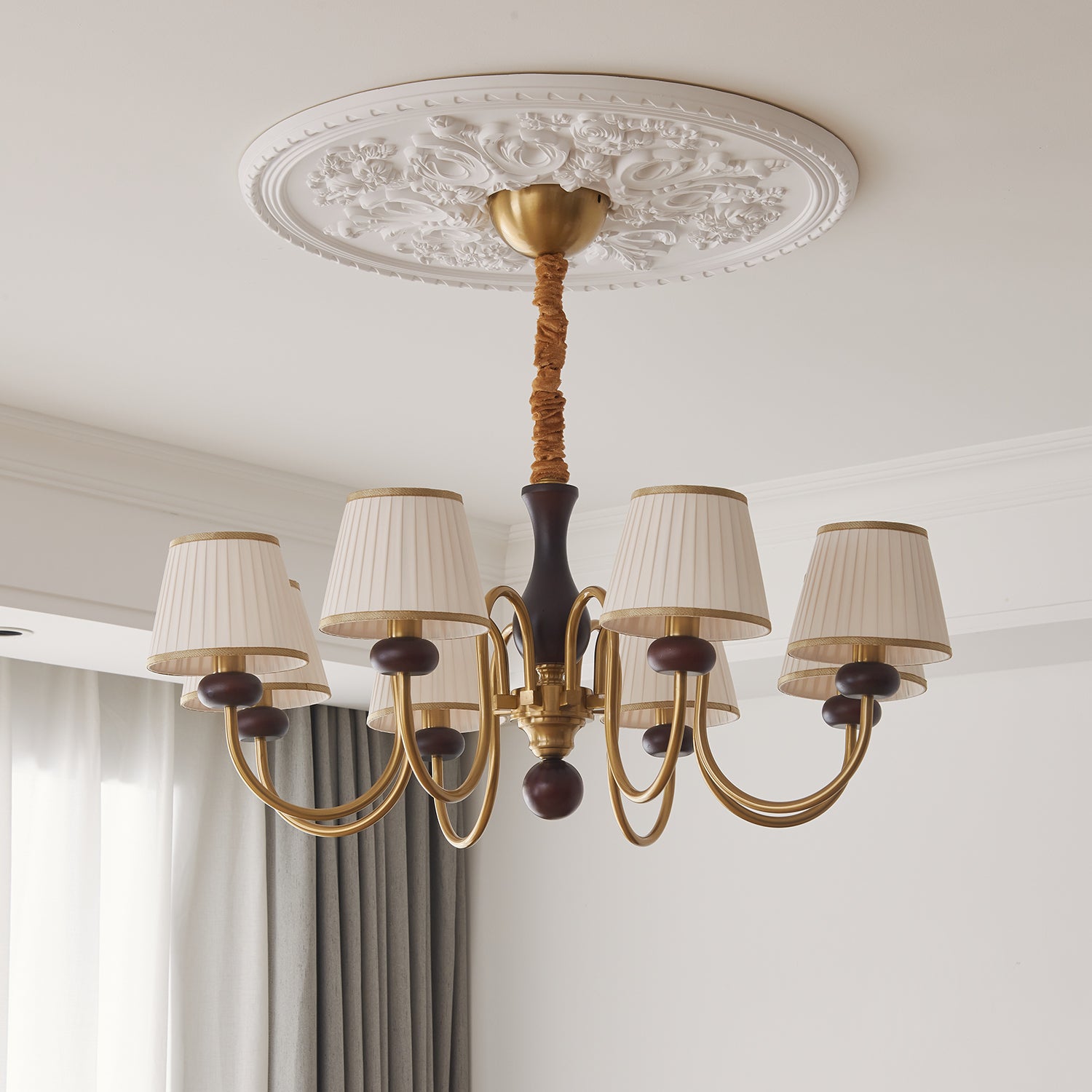 Erthaos Traditional Elegance Pleat Fabric Wood Chandelier-Neutral Decor