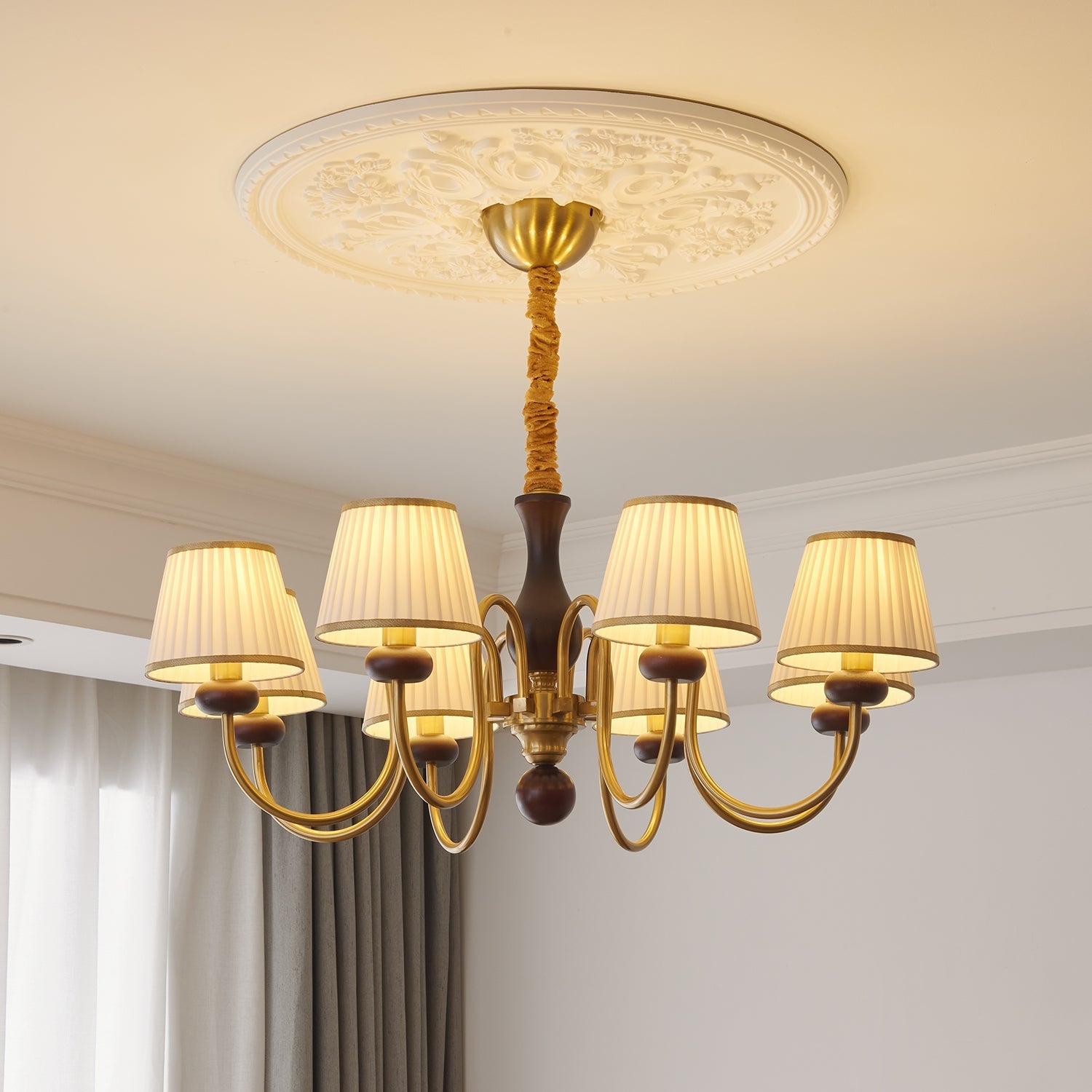 Erthaos Traditional Elegance Pleat Fabric Wood Chandelier-Neutral Decor