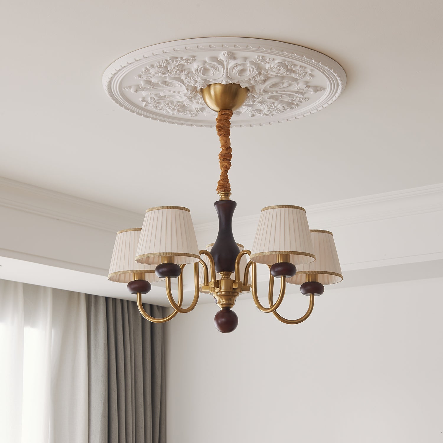 Erthaos Traditional Elegance Pleat Fabric Wood Chandelier-Neutral Decor