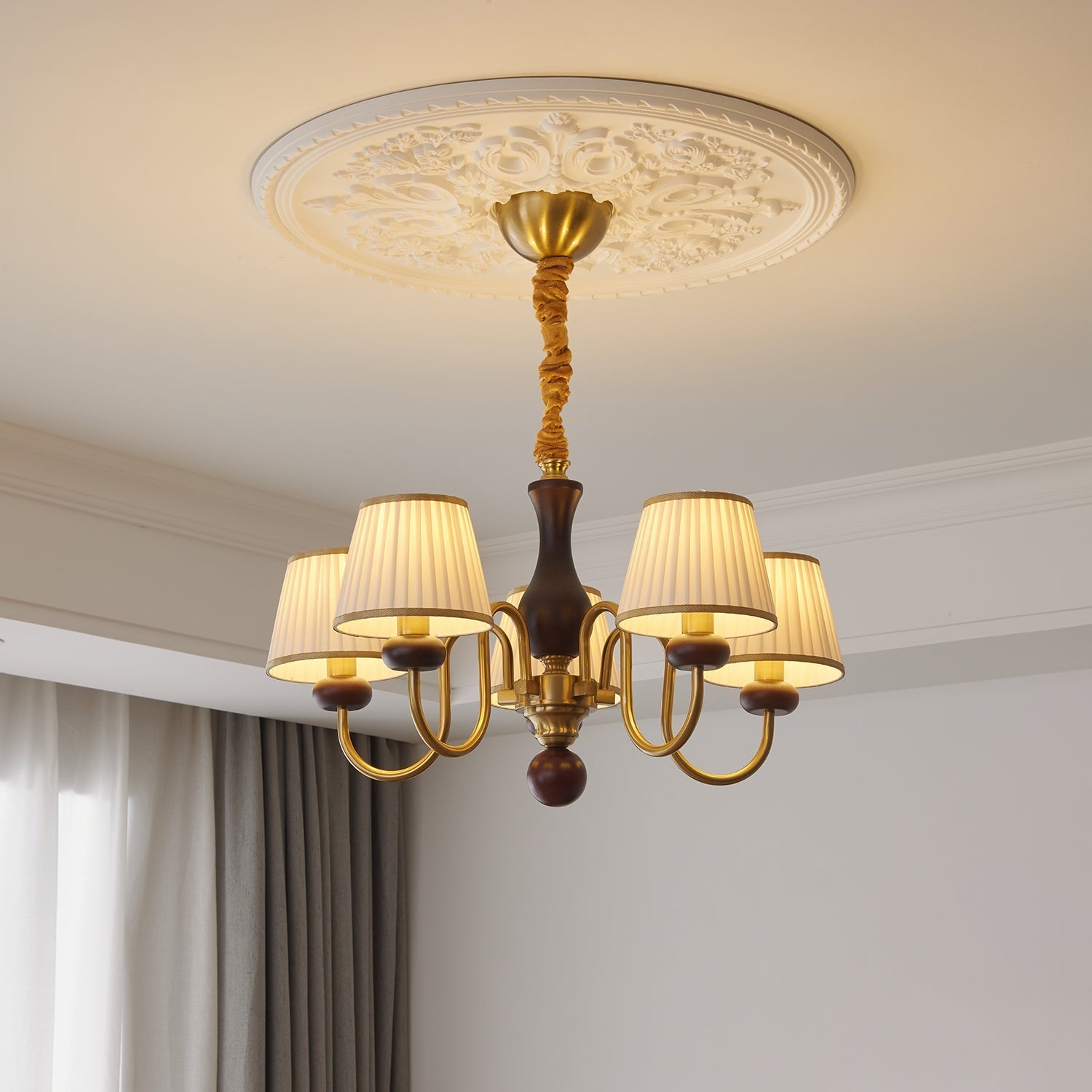 Erthaos Traditional Elegance Pleat Fabric Wood Chandelier-Neutral Decor