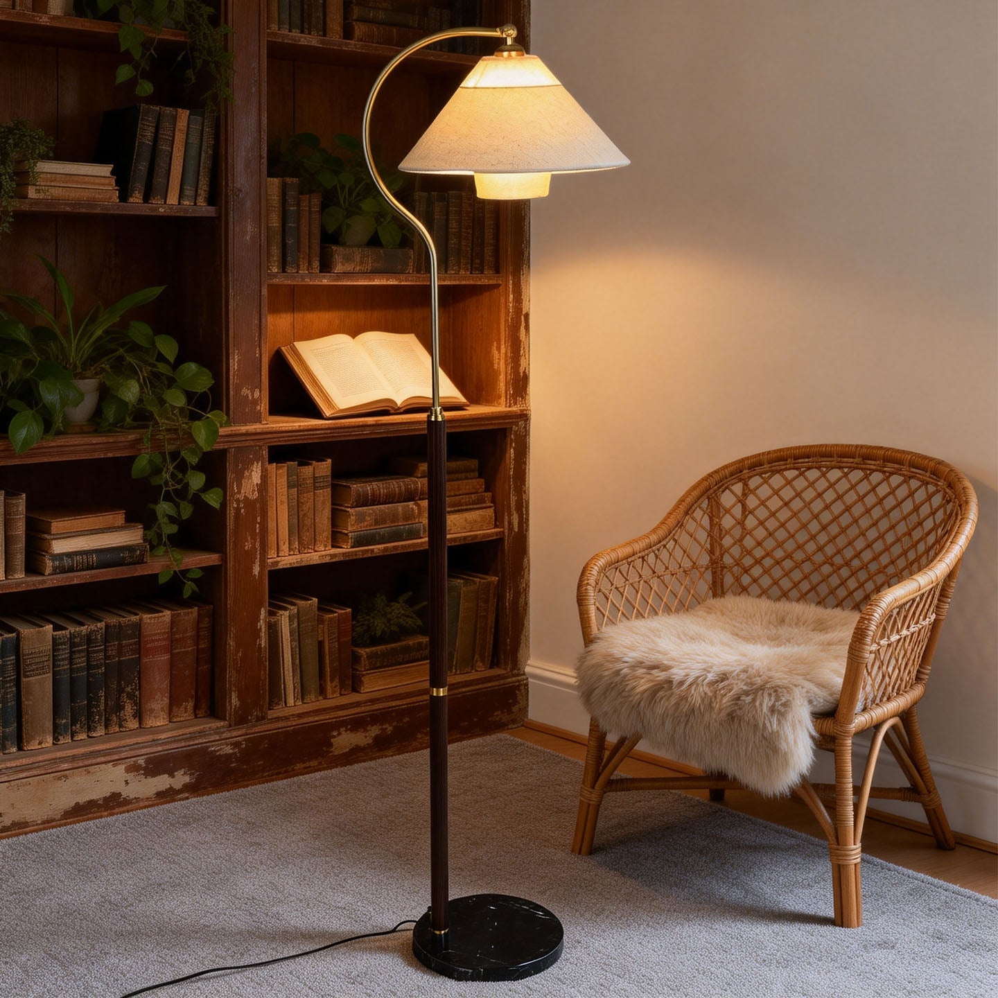 Walnut Gooseneck Floor Lamp-Neutral Decor