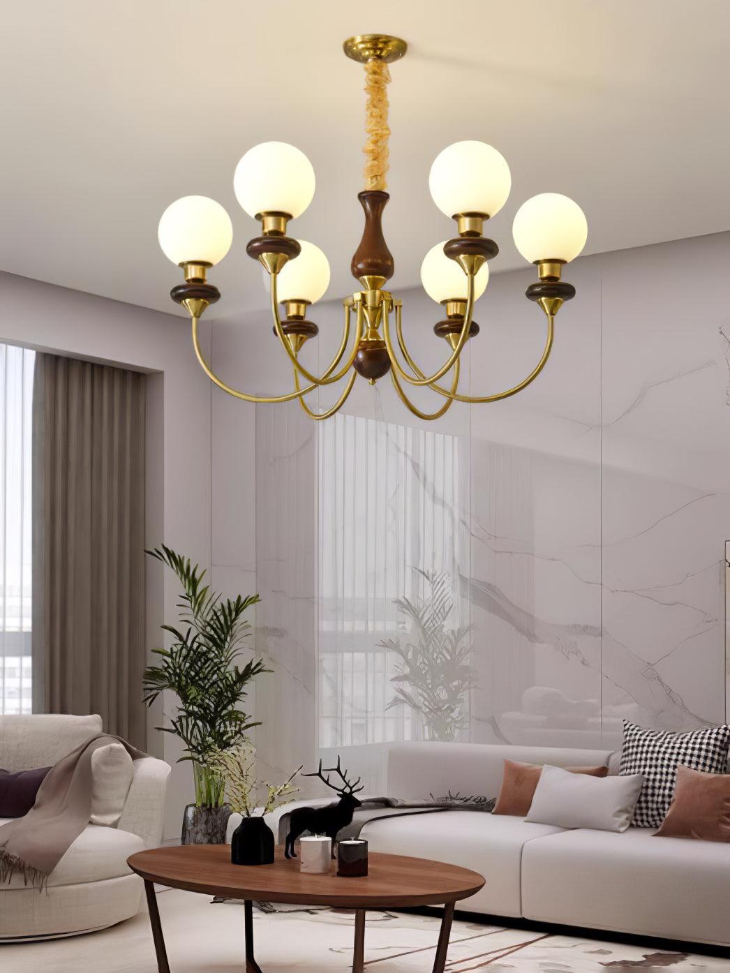 Lustra Chandelier Retro Brass Walnut Glass-Neutral Decor
