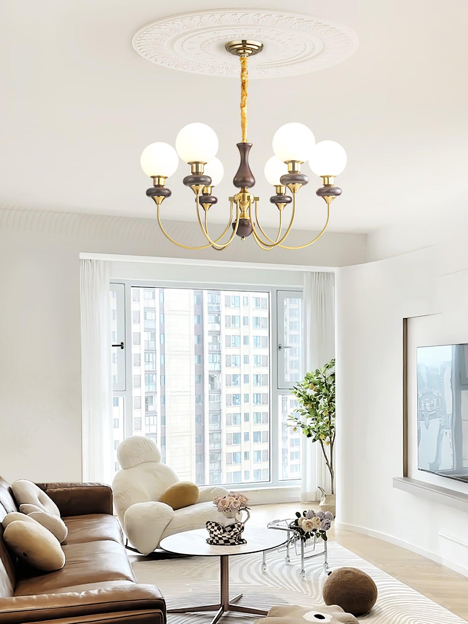 Lustra Chandelier Retro Brass Walnut Glass-Neutral Decor