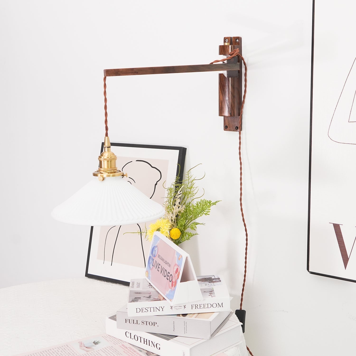 Esviel Nordic Art Swing Arm Walnut Ceramic Wall Light-Neutral Decor