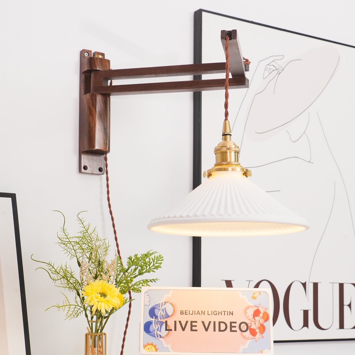 Esviel Nordic Art Swing Arm Walnut Ceramic Wall Light-Neutral Decor
