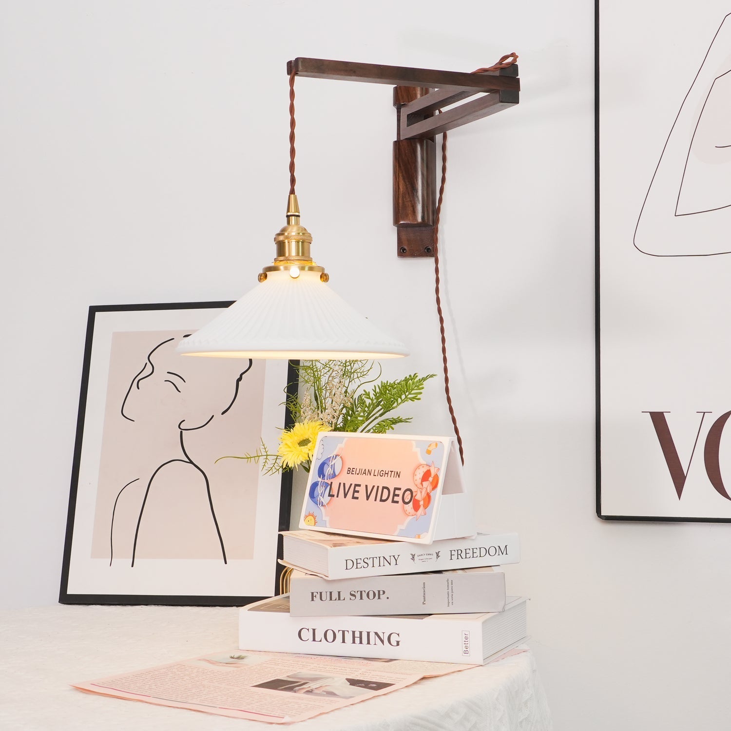 Esviel Nordic Art Swing Arm Walnut Ceramic Wall Light-Neutral Decor