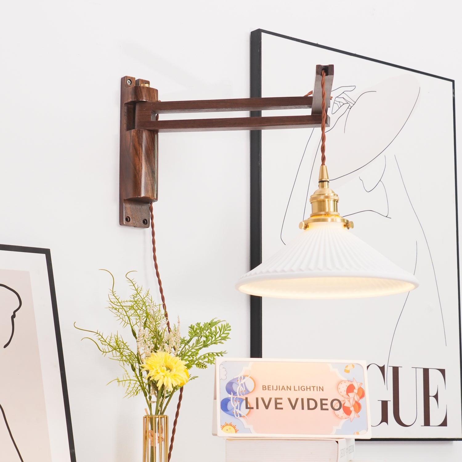 Esviel Nordic Art Swing Arm Walnut Ceramic Wall Light-Neutral Decor