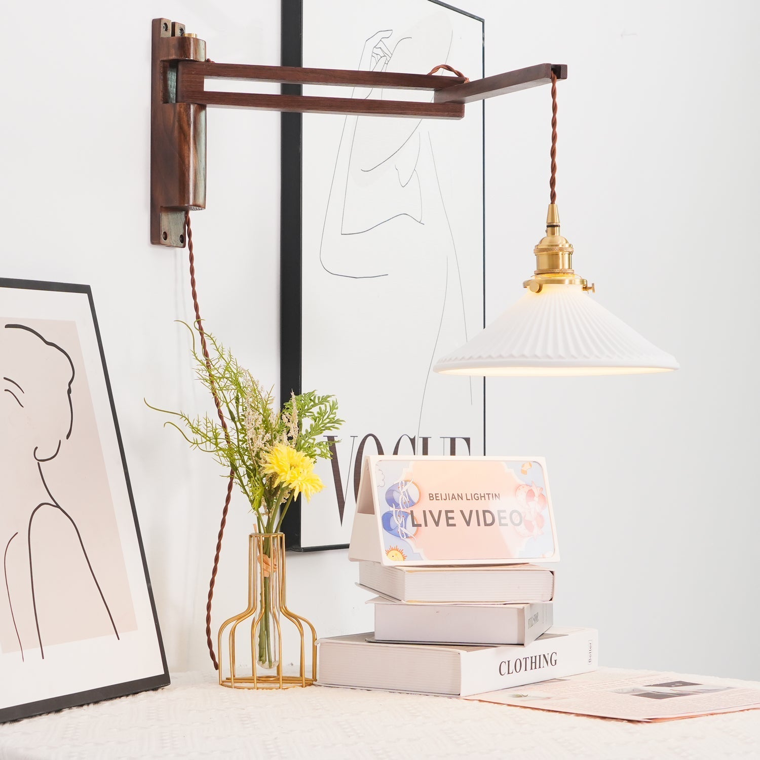 Evin Nordic Art Swing Arm Walnut Ceramic Wall Lamp-Neutral Decor