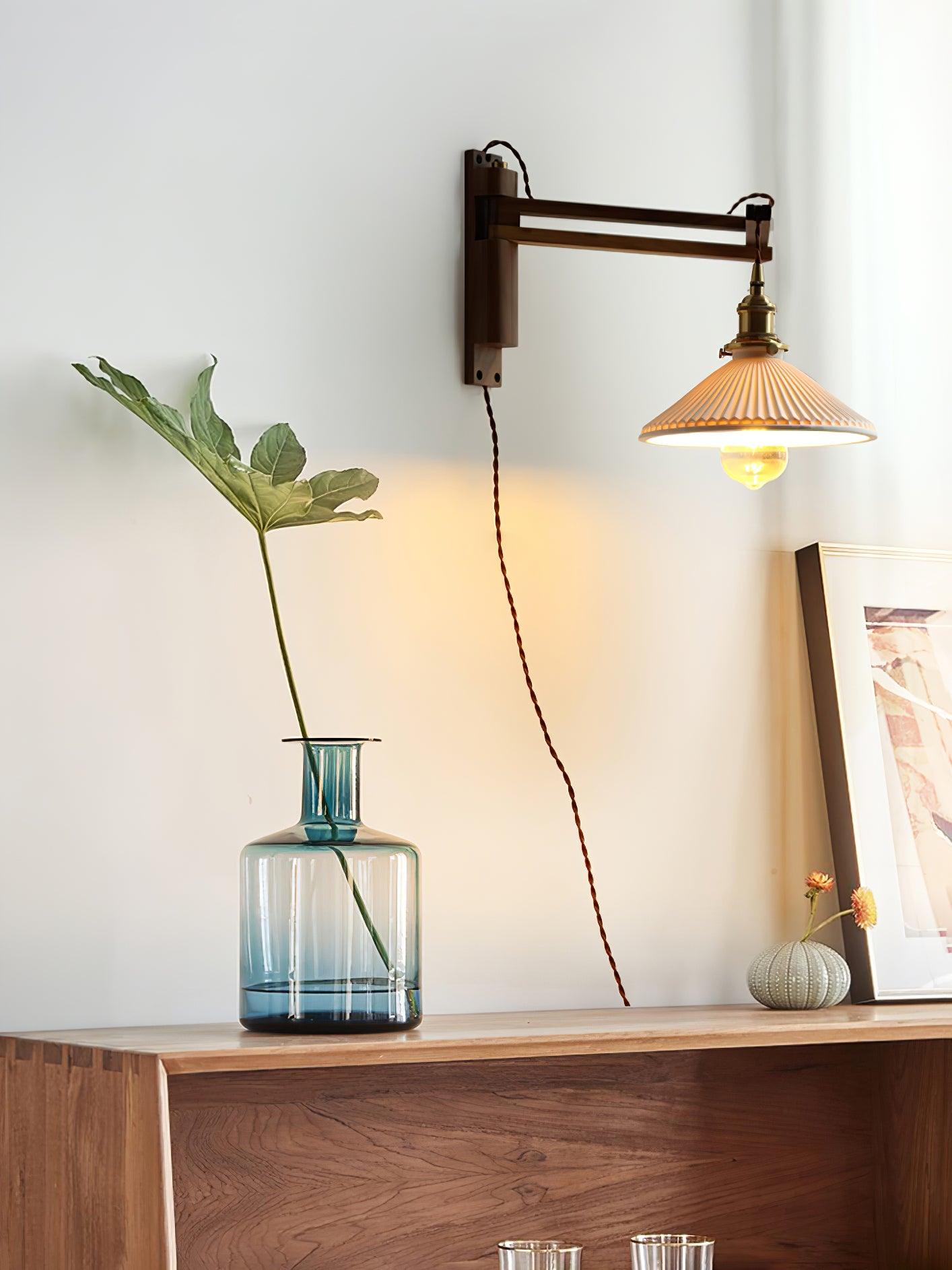 Esviel Nordic Art Swing Arm Walnut Ceramic Wall Light-Neutral Decor