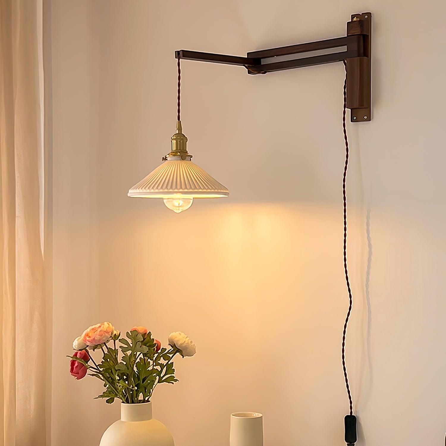Esviel Nordic Art Swing Arm Walnut Ceramic Wall Light-Neutral Decor