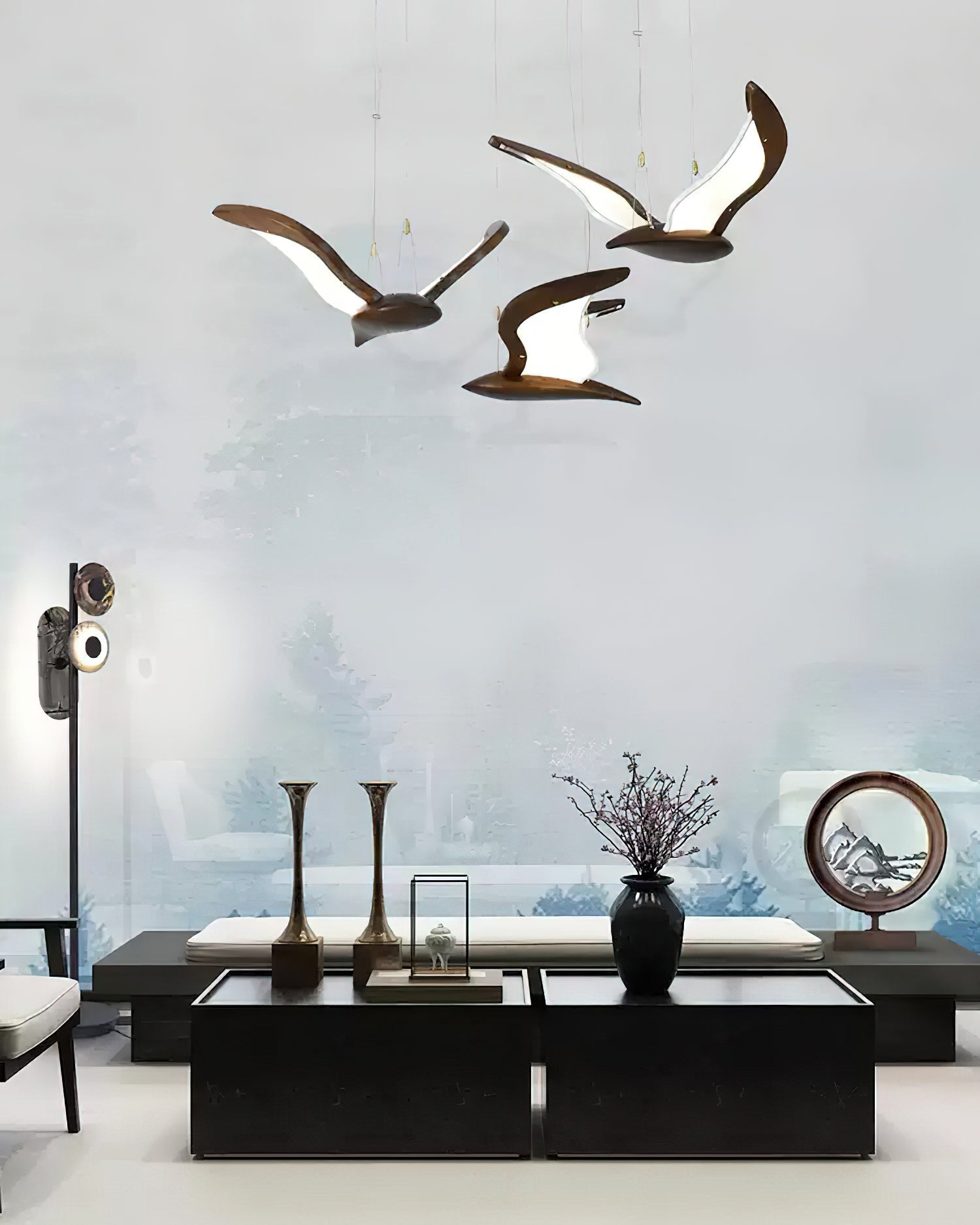 Lustra Chandelier Bird Form Wood Sculptural-Neutral Decor