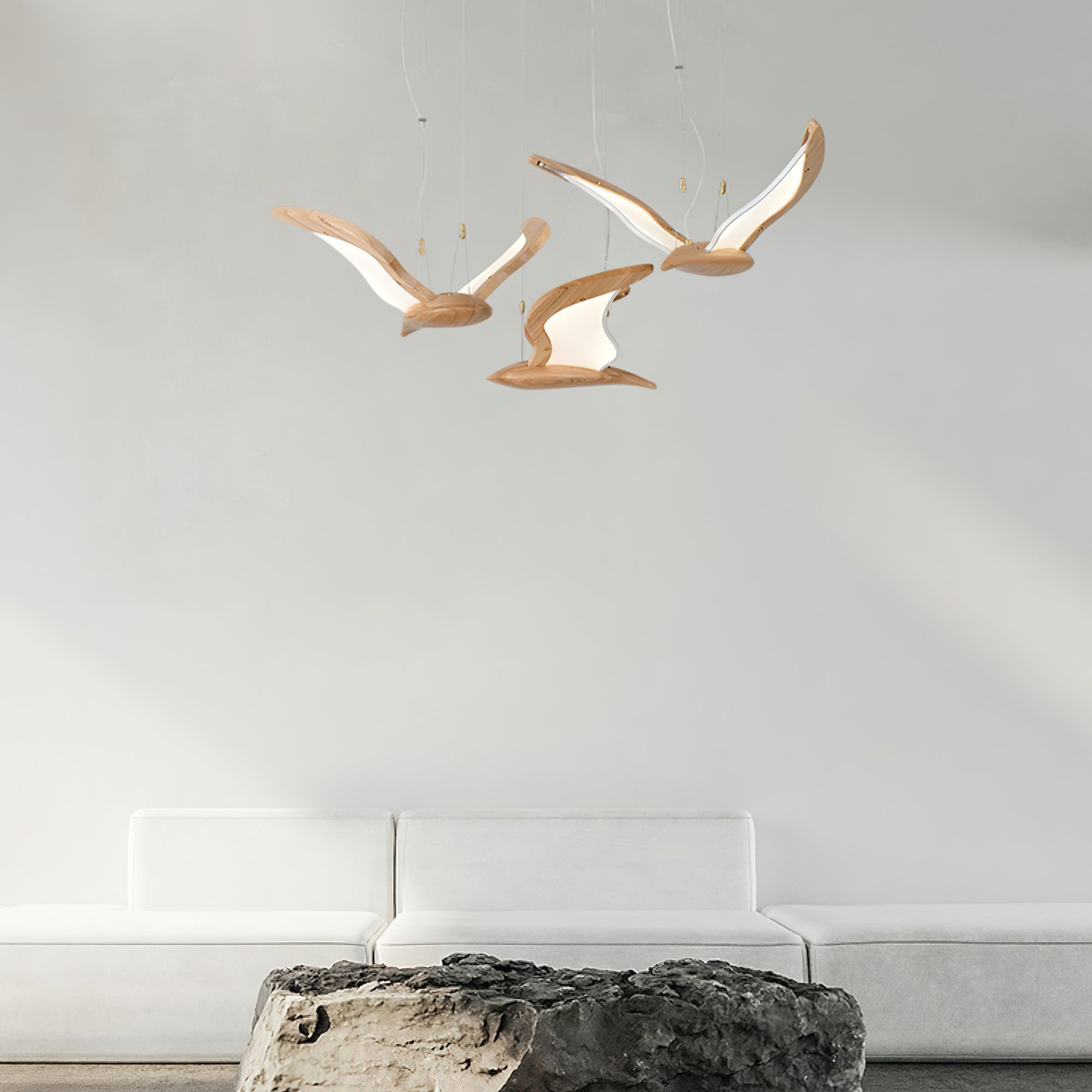 Lustra Chandelier Bird Form Wood Sculptural-Neutral Decor