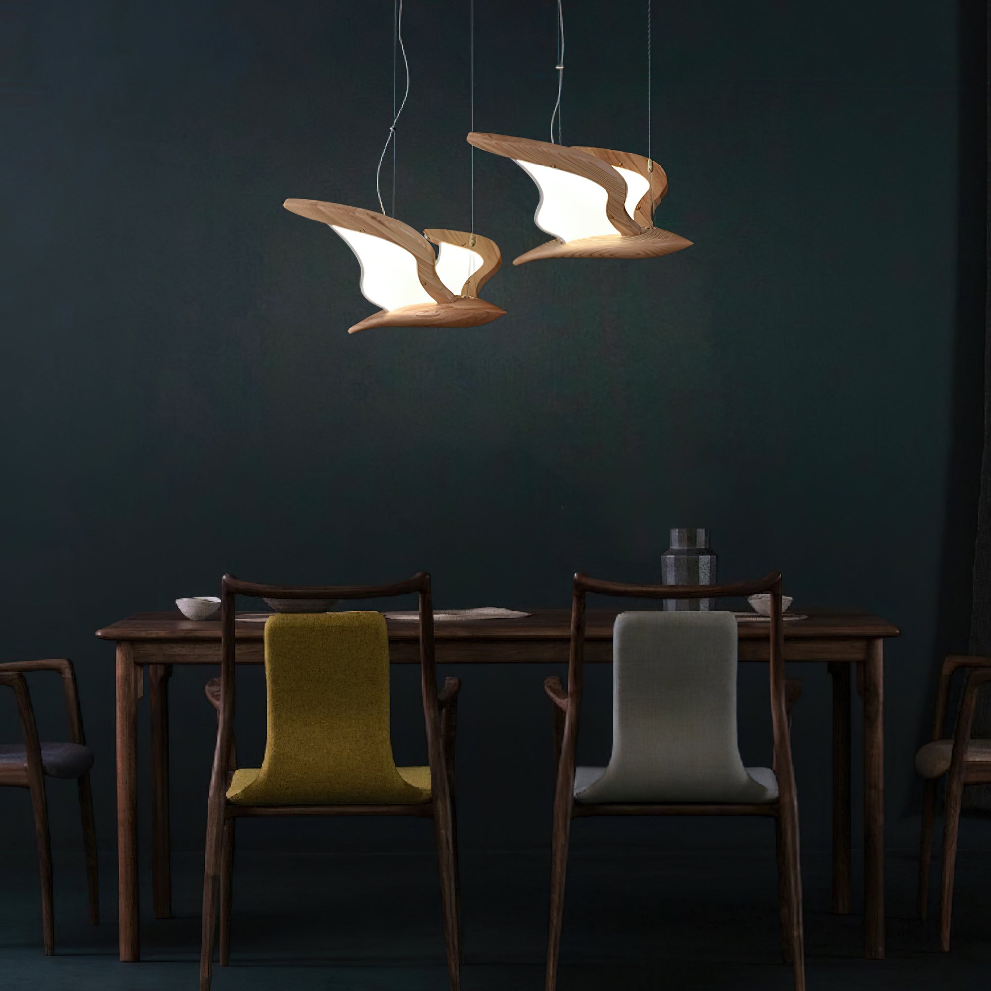 Lustra Chandelier Bird Form Wood Sculptural-Neutral Decor