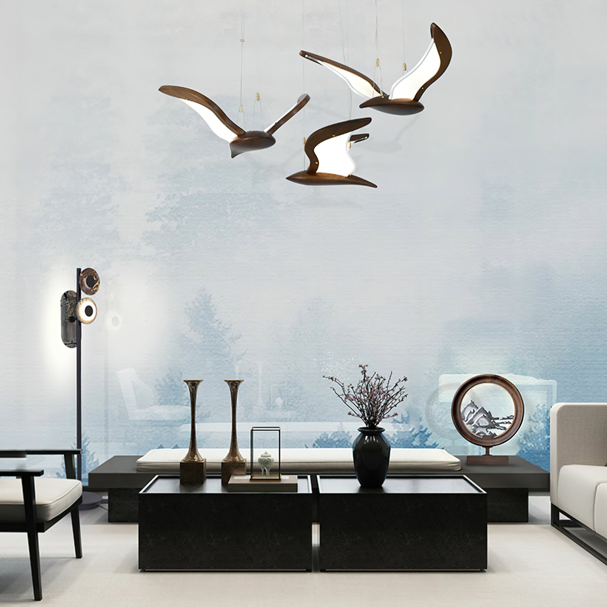 Lustra Chandelier Bird Form Wood Sculptural-Neutral Decor