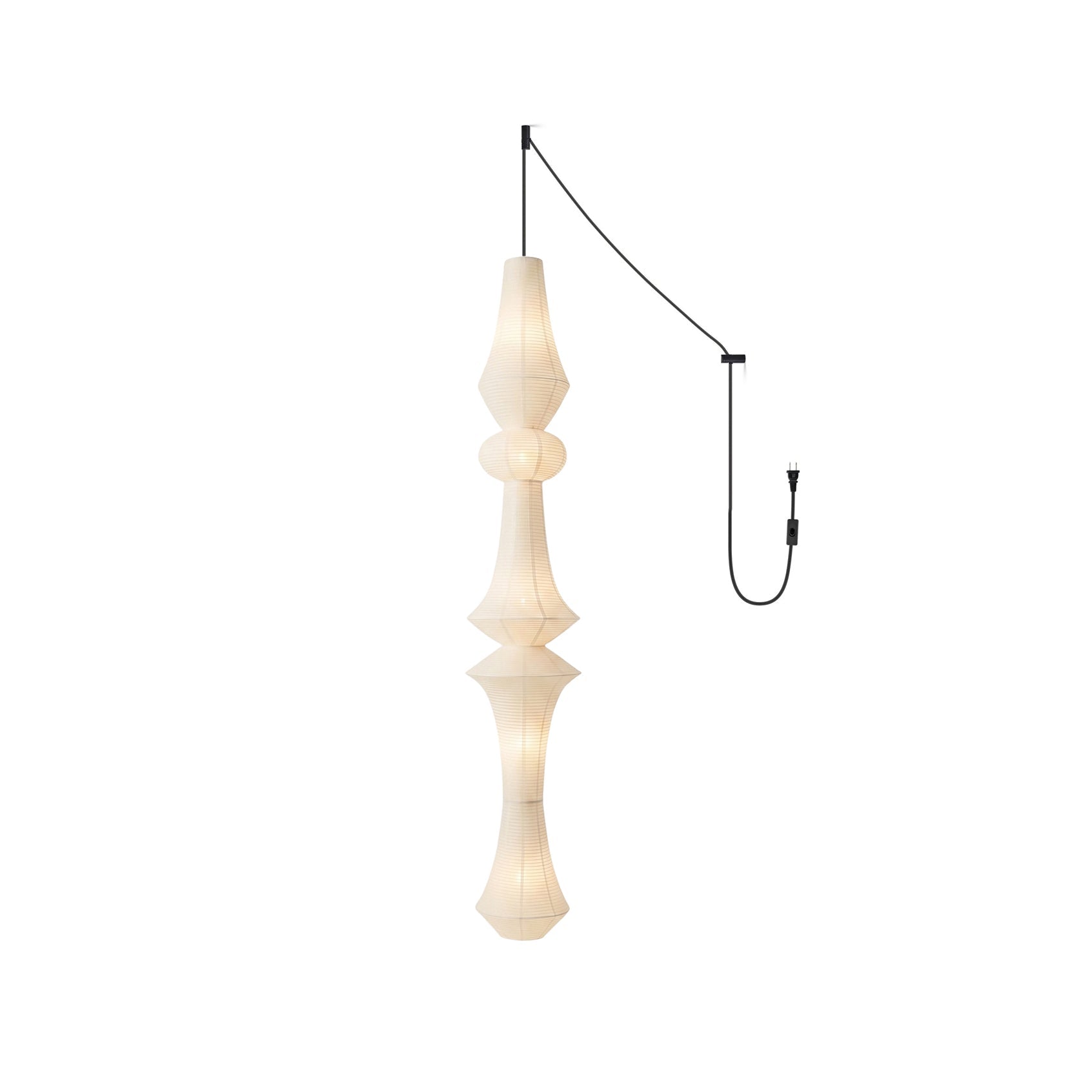 Washi Paper E Pendant Swag Light hanging in a modern living room.