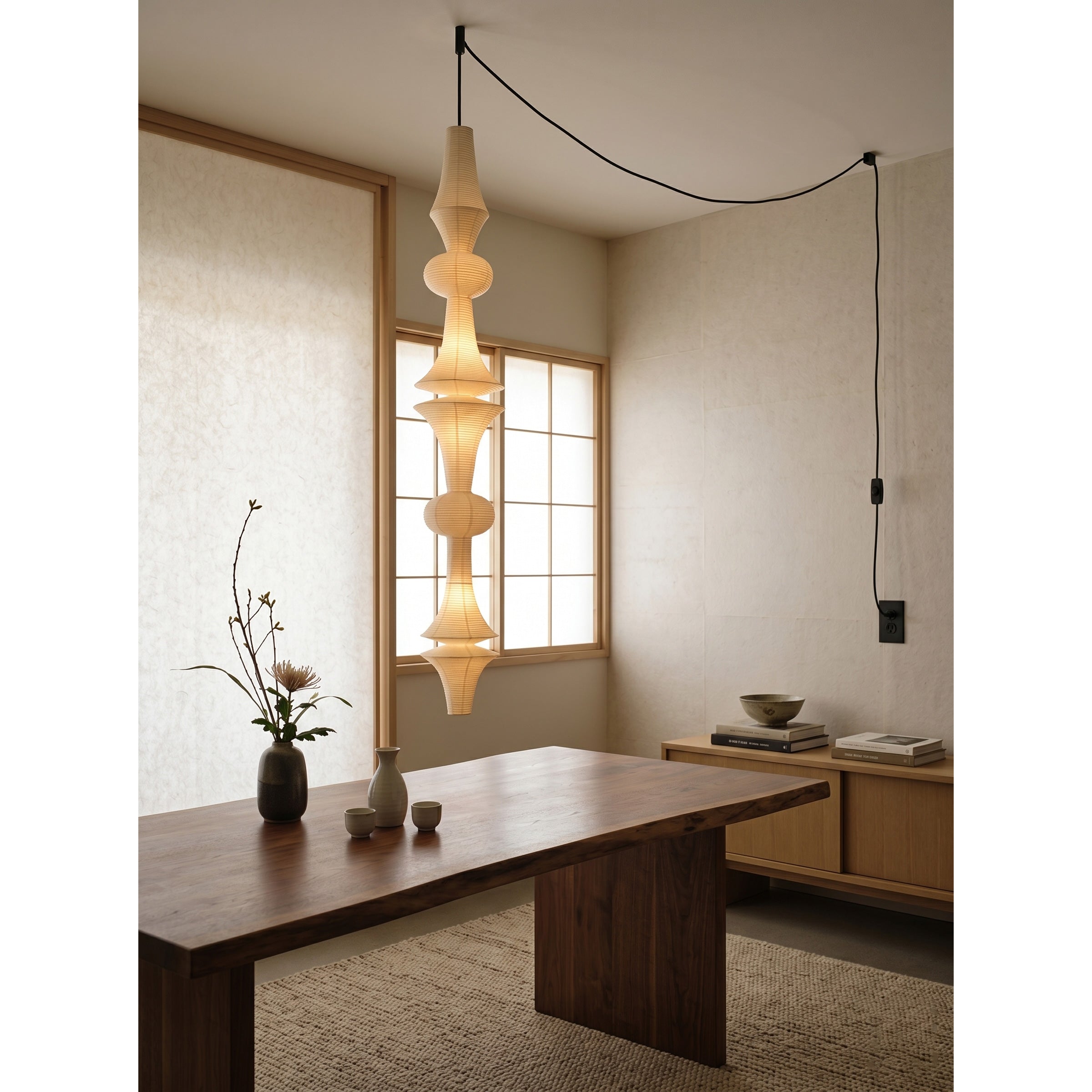 Full view of the pendant light with its long swag cord.