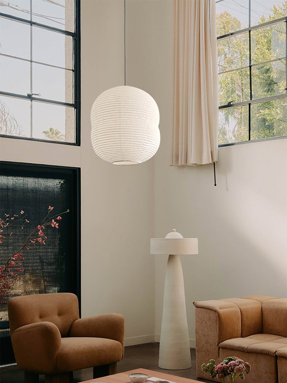 Olive Minimalist Rice Paper Pendant Light-Neutral Decor