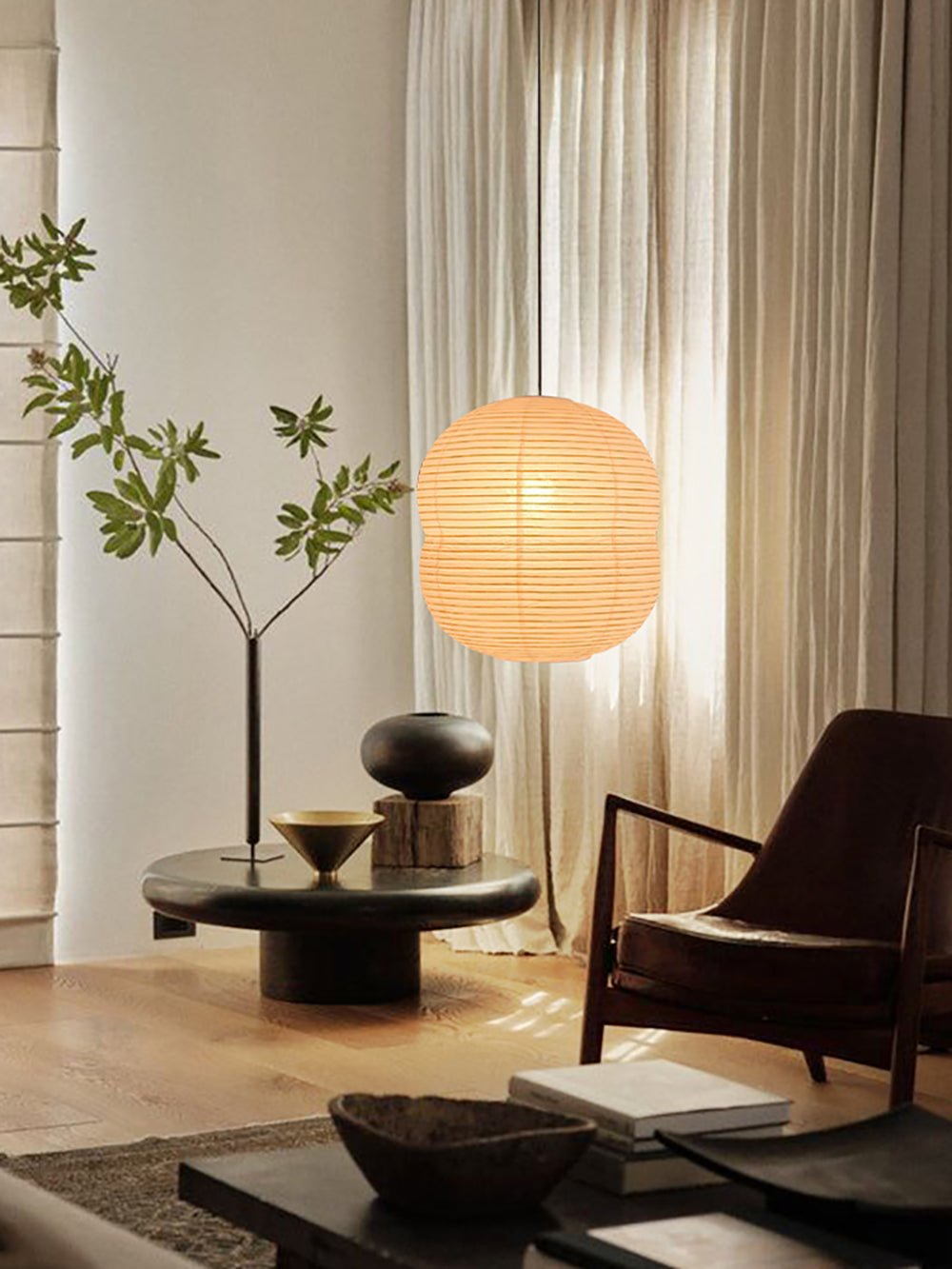 Olive Minimalist Rice Paper Pendant Light-Neutral Decor